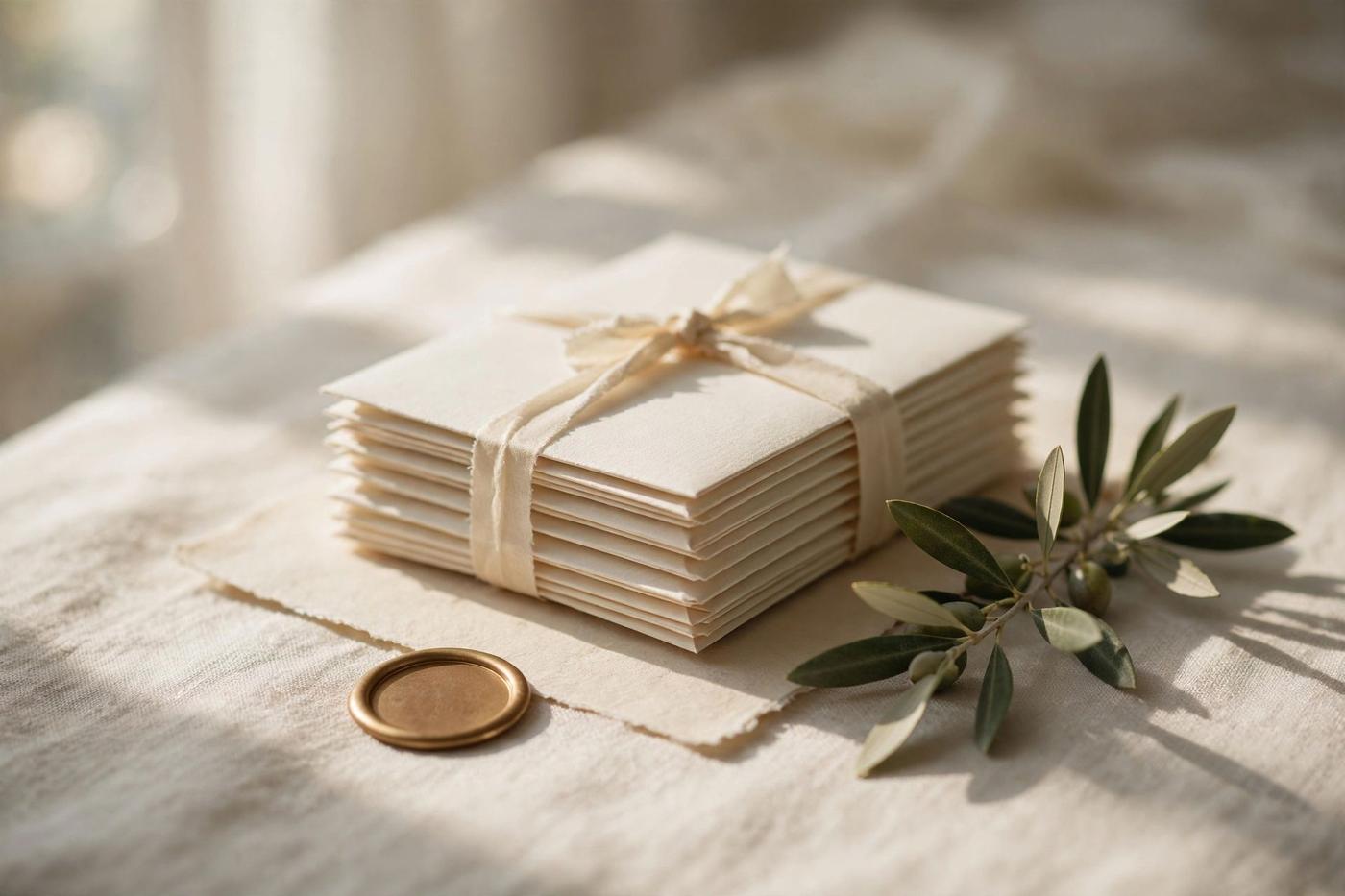 A stack of blank cream envelopes tied with cotton ribbon, an olive sprig, and a plain wax seal.
