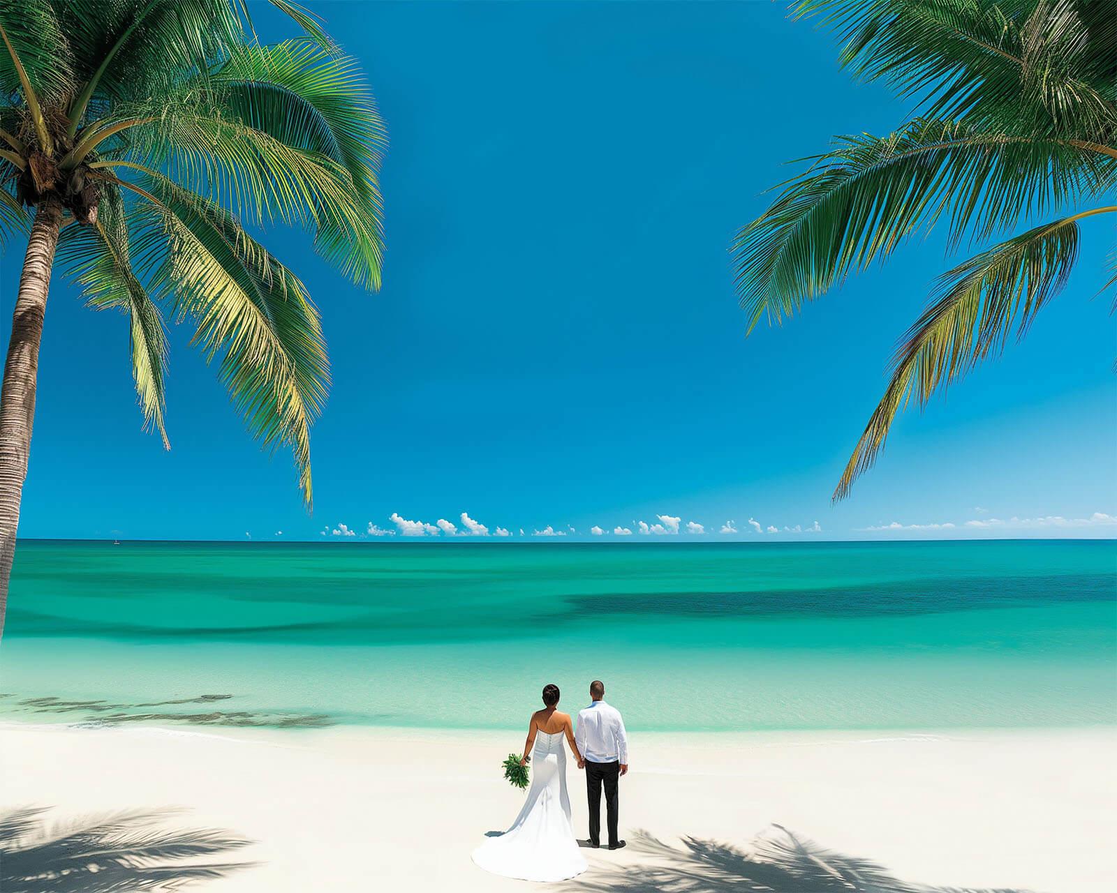 Bride and groom standing hand in hand on a pristine white sandy beach, with the turquoise sea in the background, epitomizing the dreamy allure of a beach wedding.