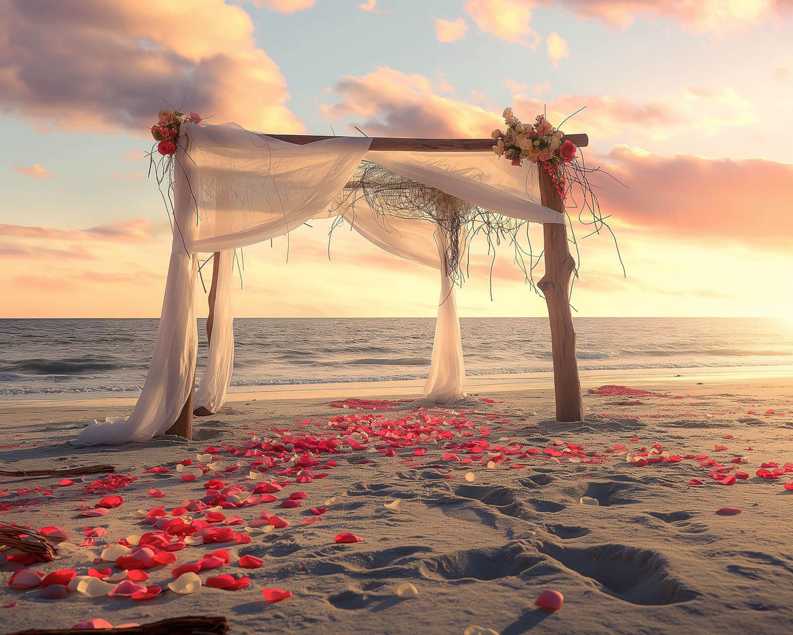 Sunset beach wedding ceremony with a floral-decorated arch and petals scattered on the sand, offering an idyllic setting for nuptials by the sea.