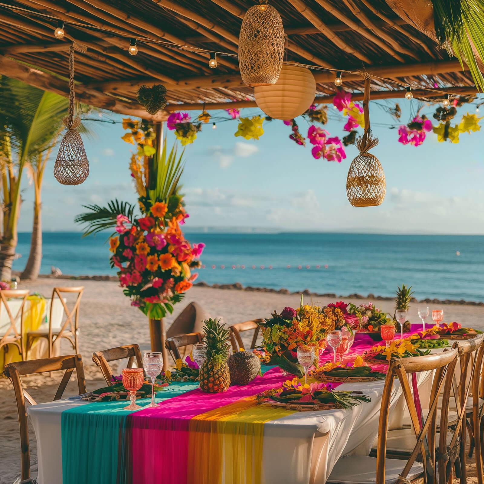 Vibrant beach wedding reception setup with colorful tablecloths and tropical flowers overlooking the ocean, capturing the essence of a seaside celebration.