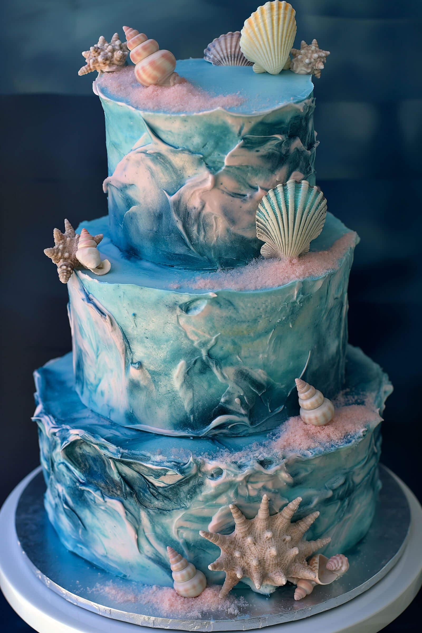 Artistic beach-themed wedding cake adorned with edible seashells and waves, reflecting the serene beauty of a beach wedding.