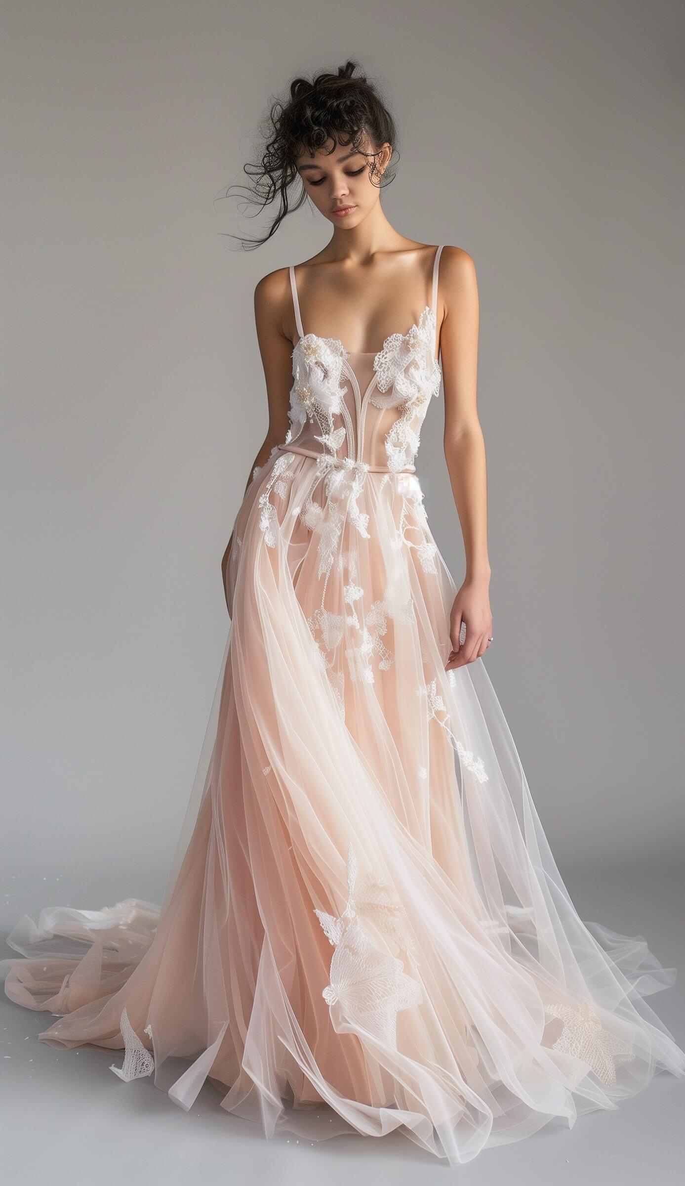 A model wearing an elegant blush pink sleeveless bridal gown with a plunging neckline and delicate floral appliques.