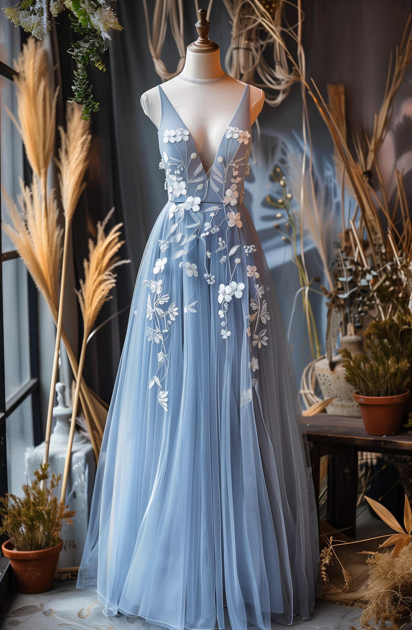 A display of a pale blue tulle bridal gown with floral embroidery and a deep plunging neckline on a mannequin.