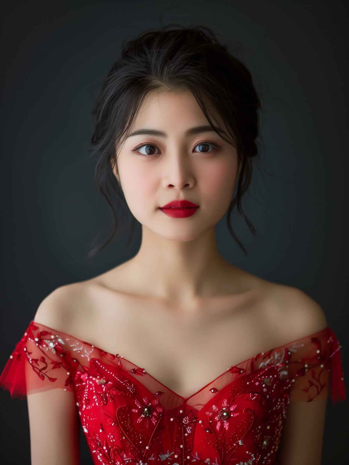 A stylish woman with red lipstick and dark hair wearing a sparkling red embellished evening gown.
