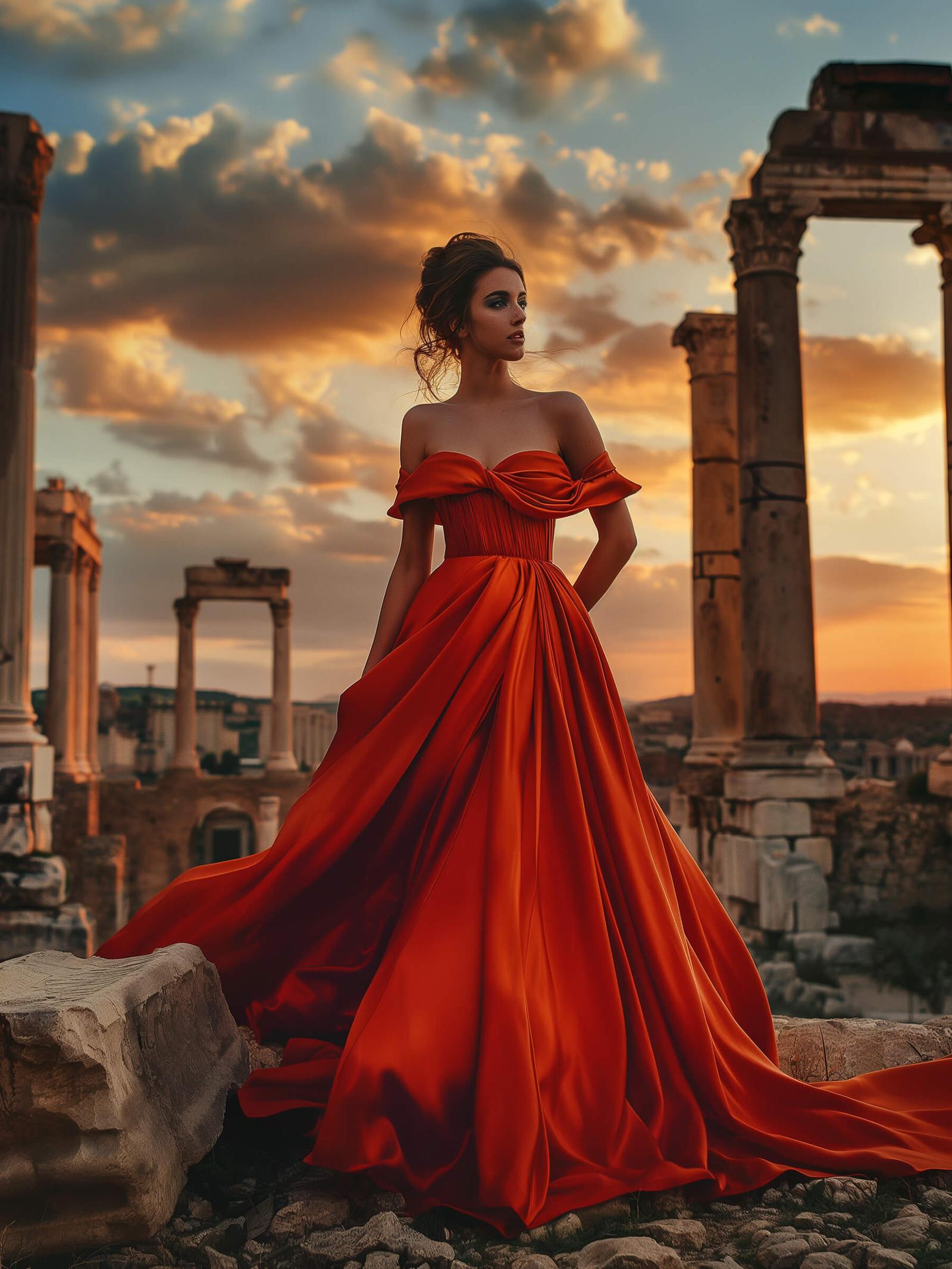 A woman in a striking red off-the-shoulder gown posing dramatically against ancient ruins at sunset.