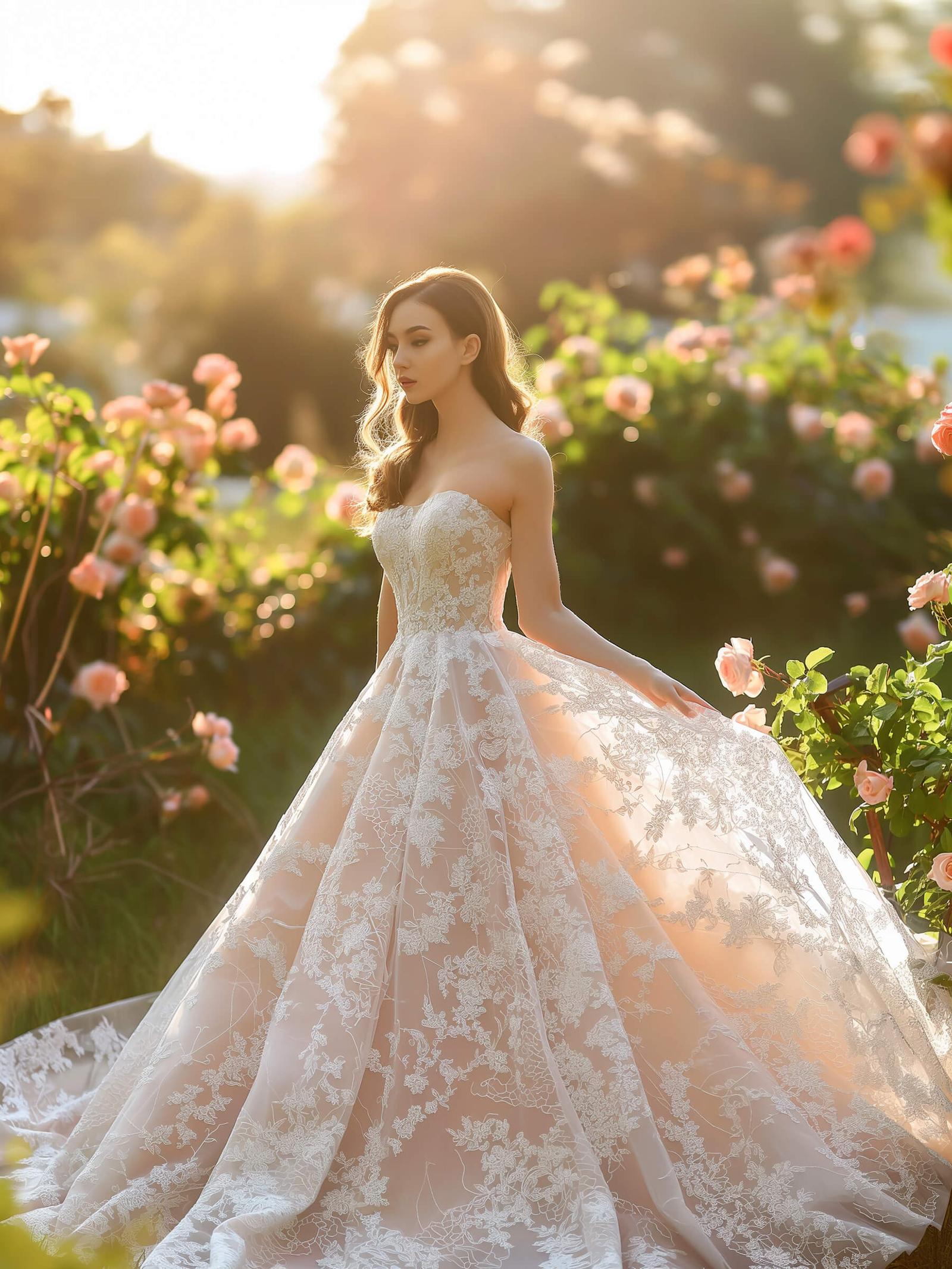 A bride in an elegant white lace ballgown stands in a rose garden at sunset, the sunlight filtering through the flowers creating a dreamy atmosphere.