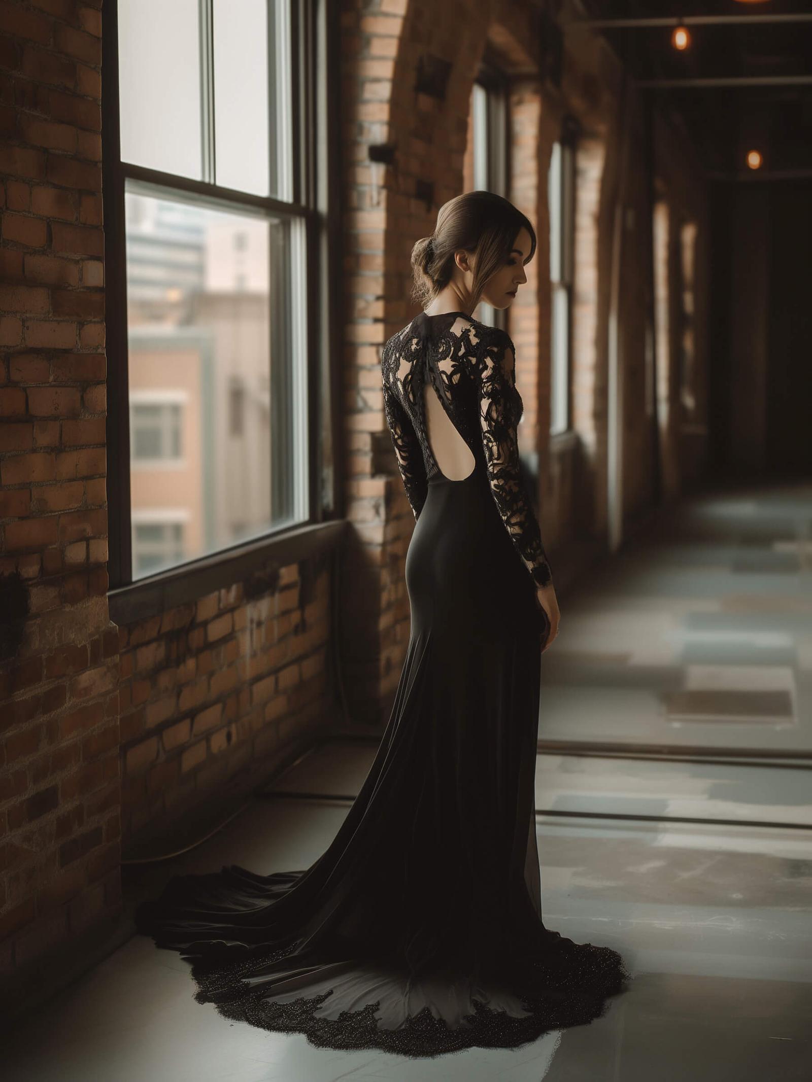 A woman wearing a black lace gown with an open back gazes out a window onto an urban brick exterior, creating a dramatic contrast of styles.