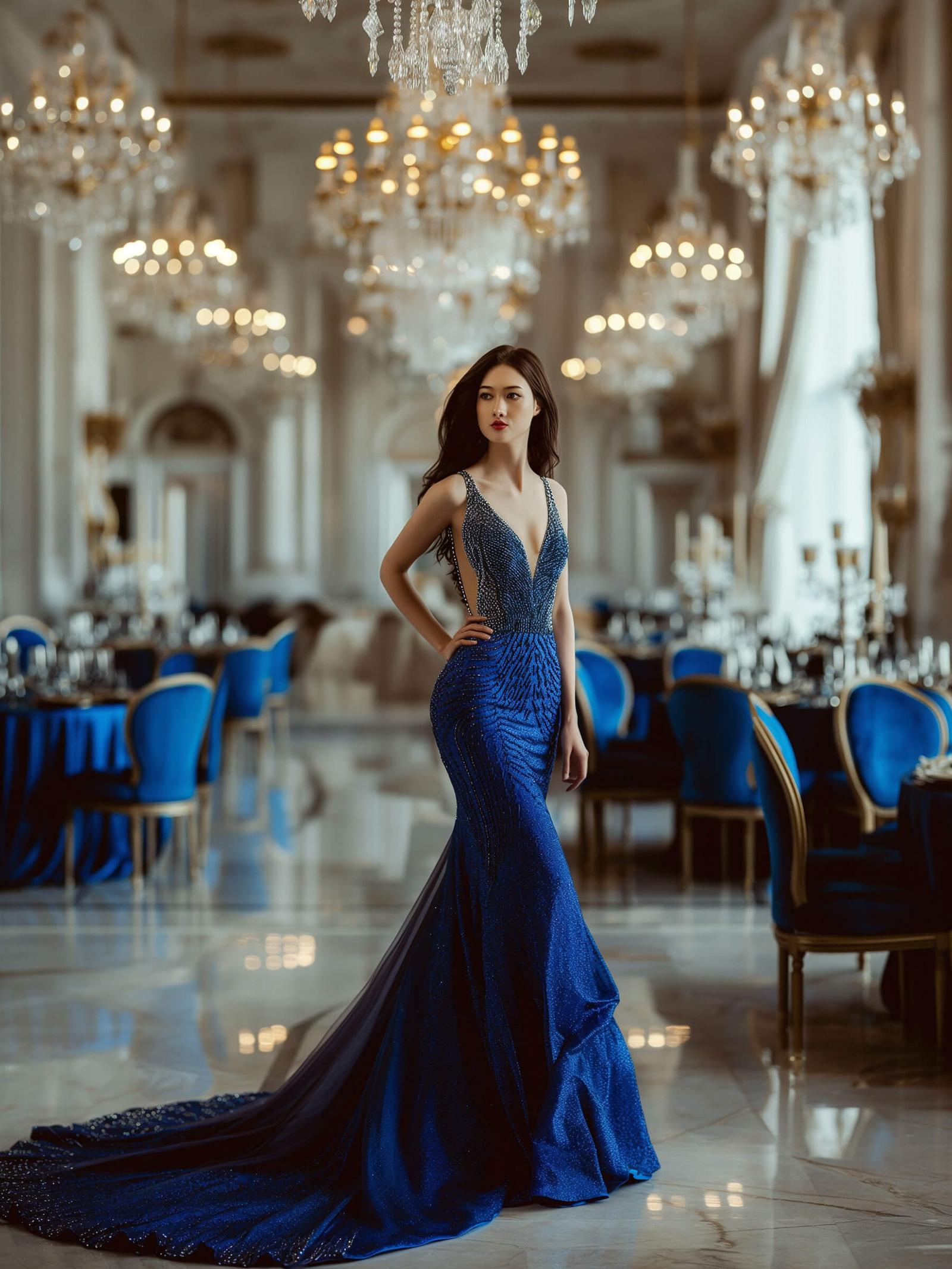 A woman models a stunning navy blue beaded evening gown with a plunging neckline in an opulent ballroom with chandeliers and ornate decor.
