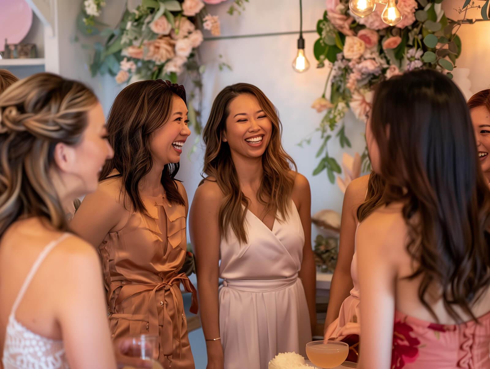 Group of stylish young women laughing together at a bridal shower celebration, wearing dresses and jumpsuits in pastel colors and floral prints. The bride-to-be is smiling in the center.