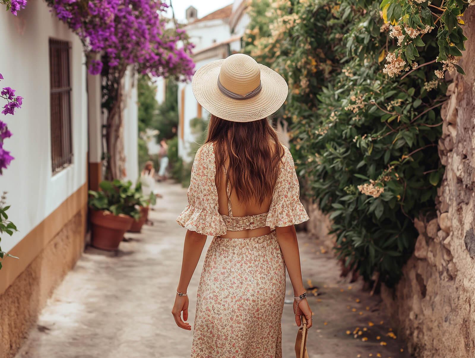 Rear view of a woman in a flowy floral print crop top and skirt walking down a cobblestone street lined with flowers. She's wearing a wide-brimmed straw hat, embodying chic summer bridal shower guest style.