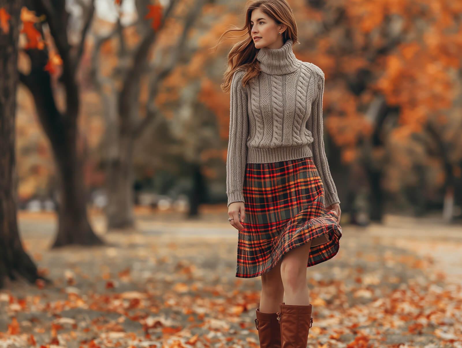 Woman with long brown hair wearing a beige turtleneck sweater, red plaid skirt, and brown riding boots, walking through a park with autumn leaves on the ground. Her fall bridal shower outfit is both stylish and seasonally appropriate.