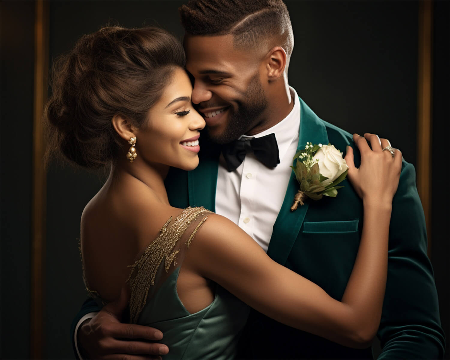 groom and bride dressed in green holding each other in a romantic way