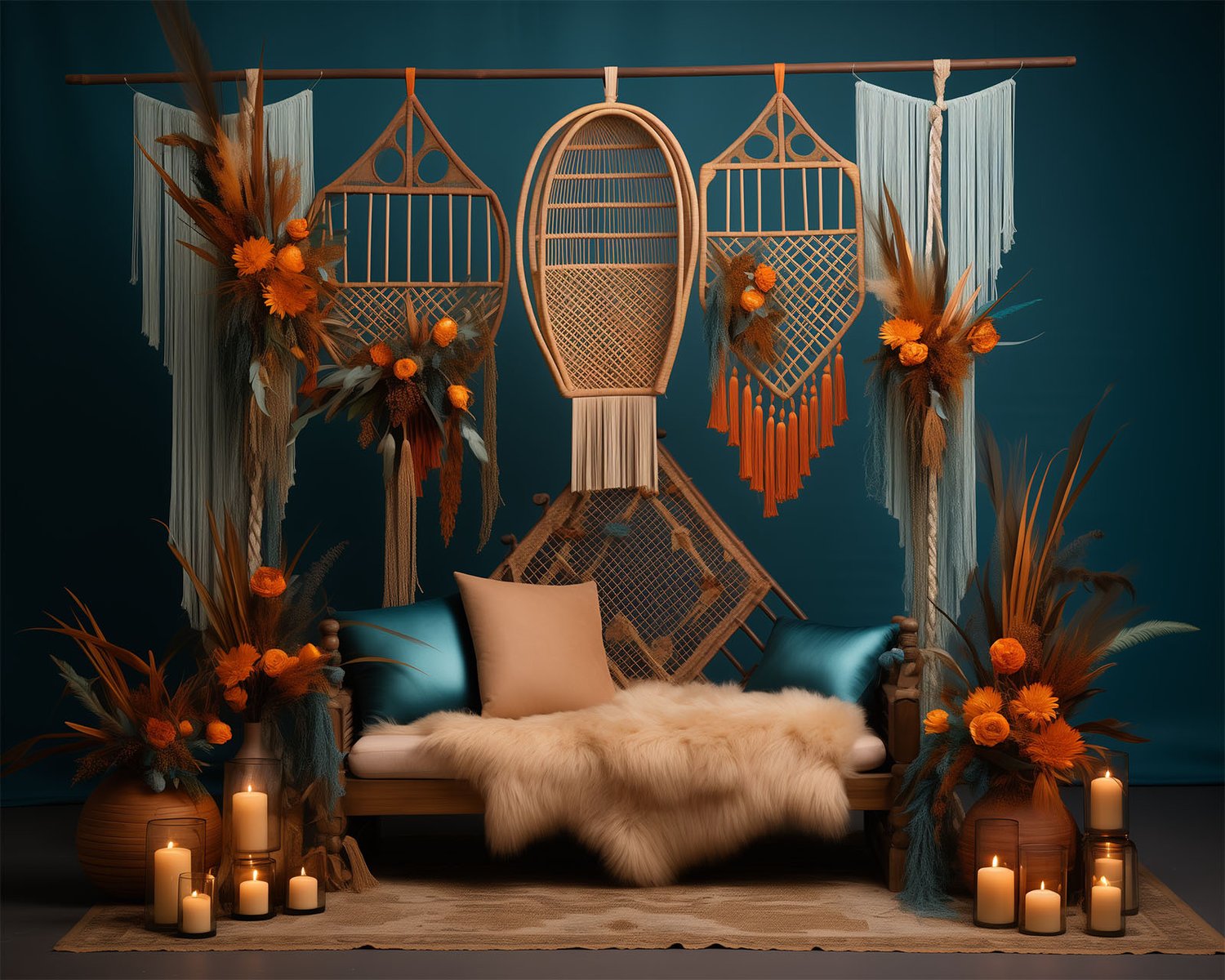 Bohemian wedding lounge area with rattan peacock chairs, orange floral accents, and cozy candles for a warm, inviting ambiance.