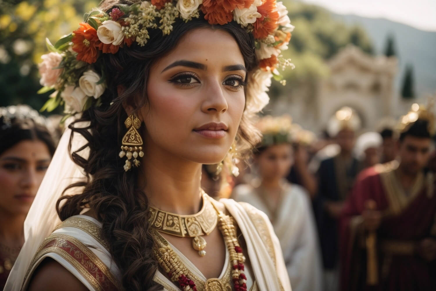 a bride from ancient greek with a flower crown in her hair