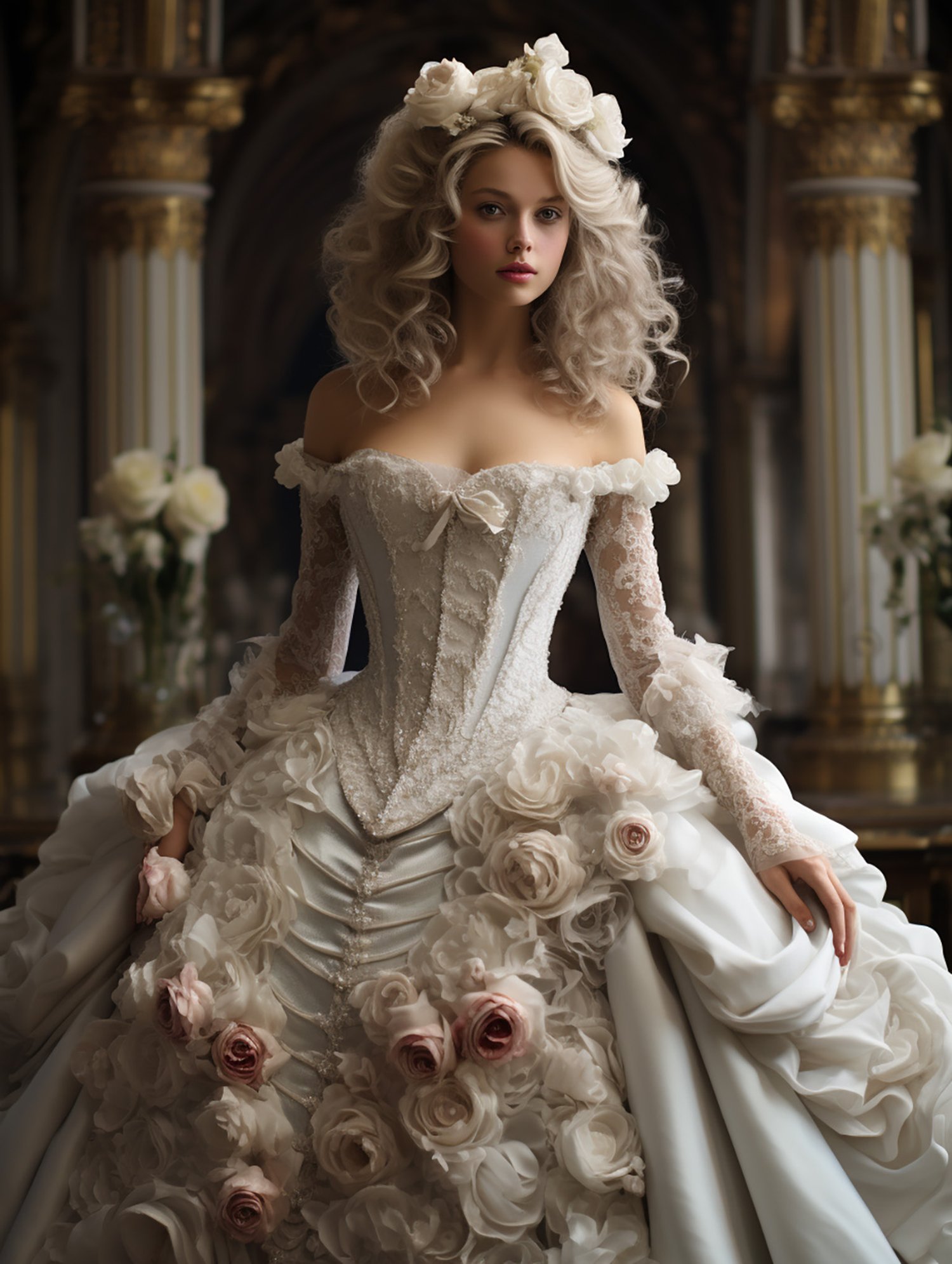 a beautiful young woman with white blonde hair dressed with a rococo style dress