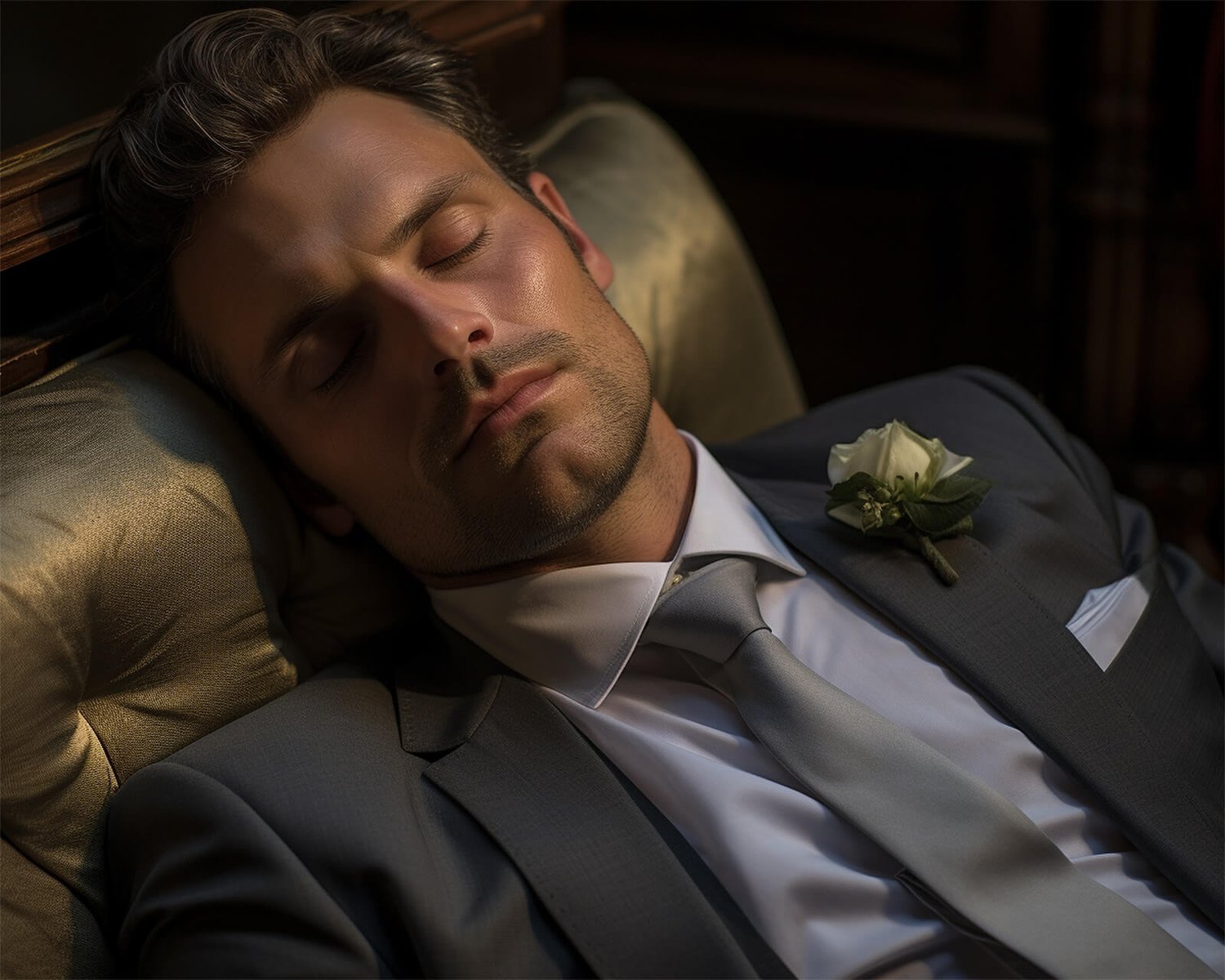 a groom is sitting on a chair falling asleep