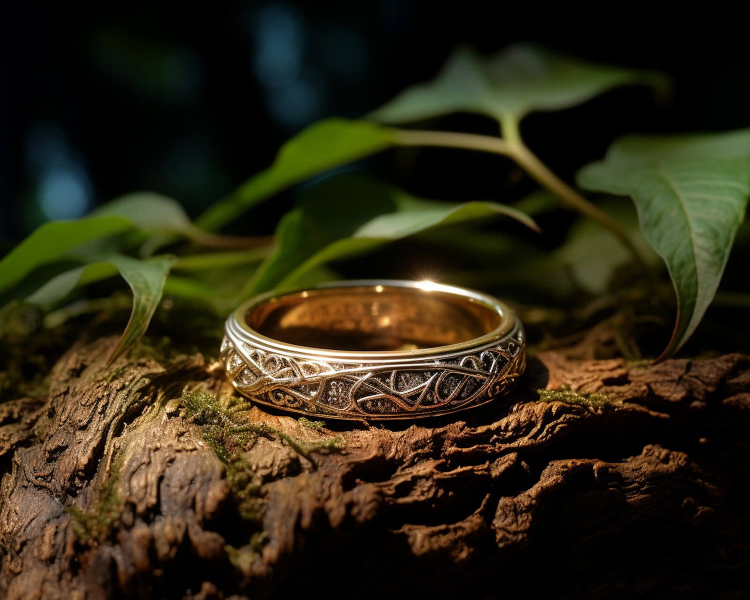 a beautiful inscribed ring on a piece of wood in nature