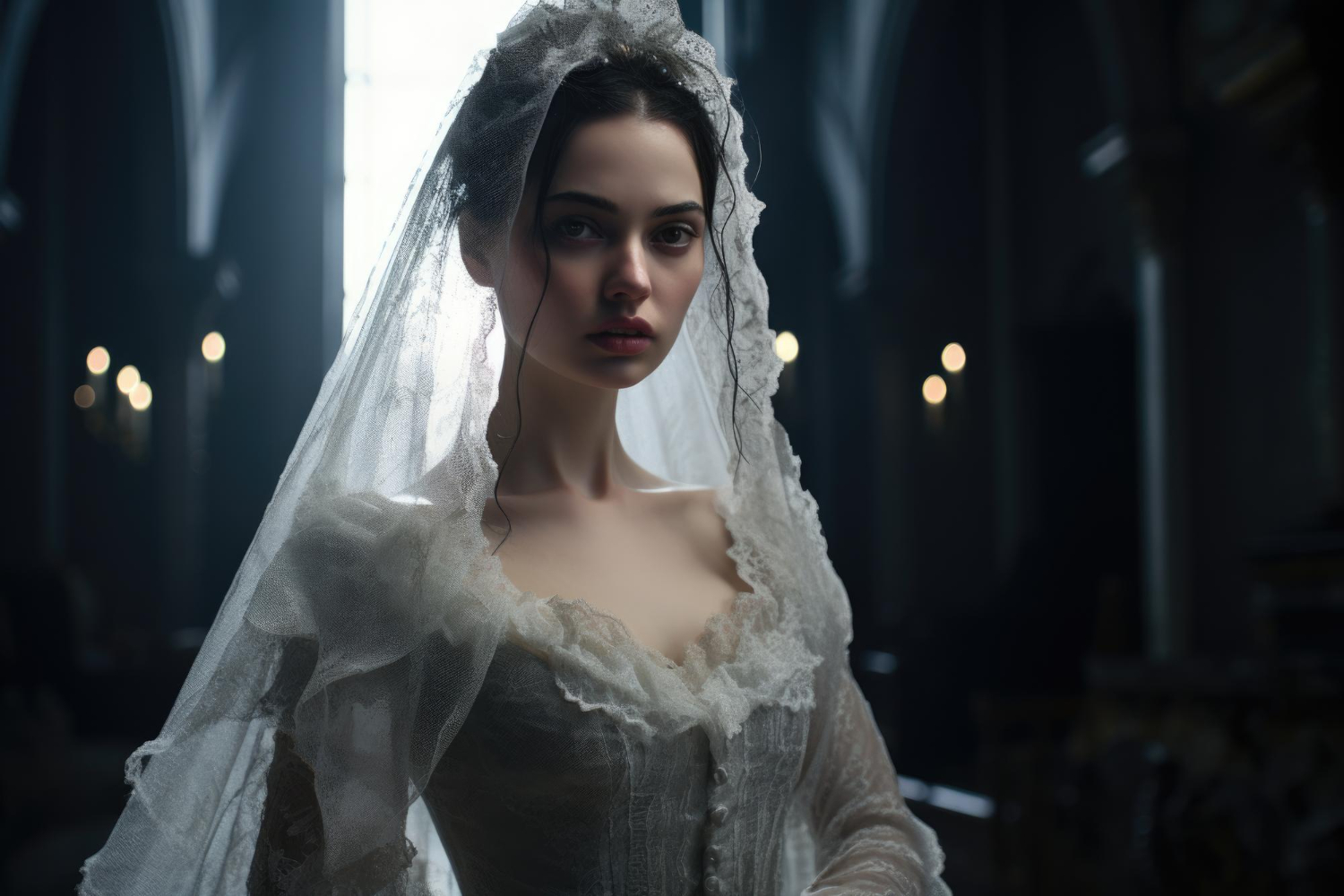 a closeup of a bride with dark hair and a vintage white dress