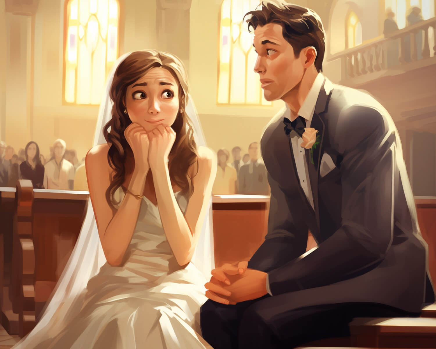 illustration of the bride and the groom sitting together after the wedding ceremony got objected