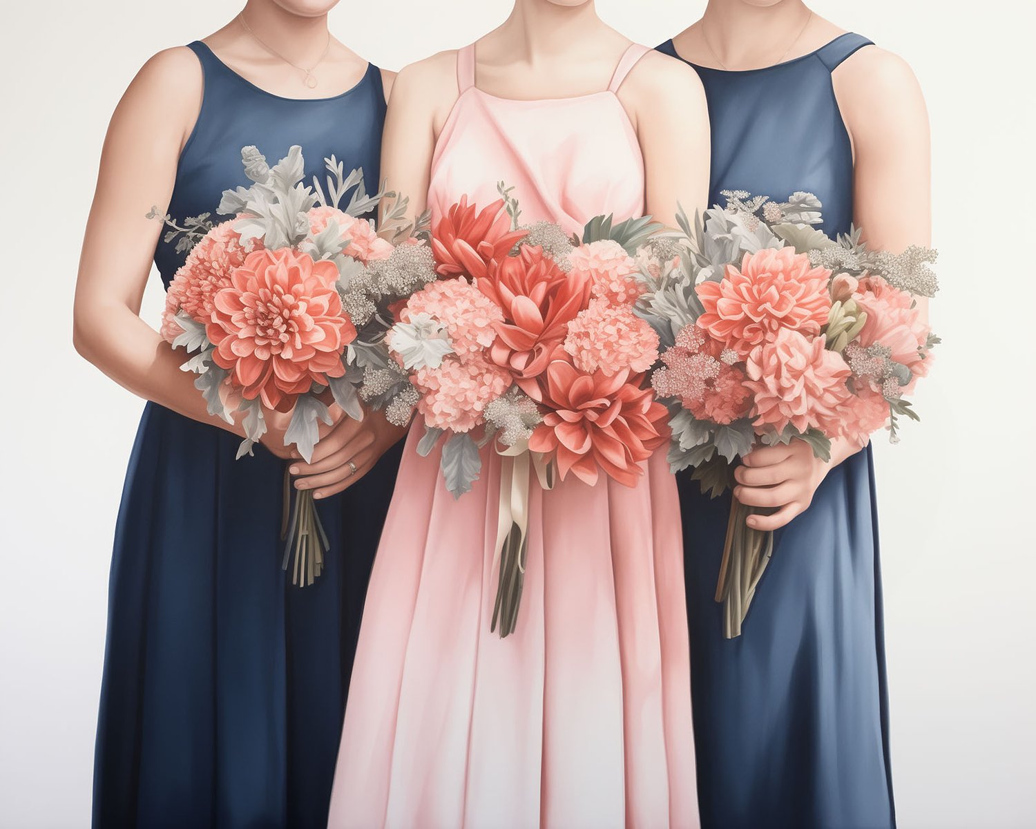 Elegant bridesmaids in navy blue and blush pink dresses holding lush dahlias and hydrangea bouquets for a whimsical wedding theme.