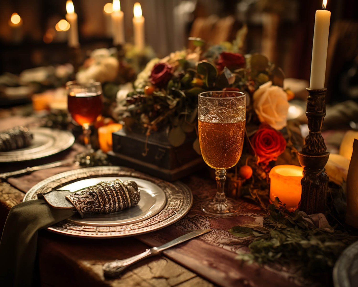 a large table decorated for dinner with greenery, candles and medieval plates and decor