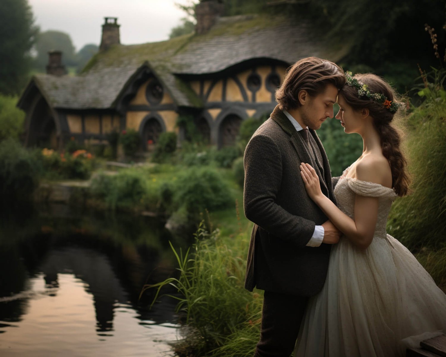 a couple romantically standing together in front of a small pond and an old english style house dressed in vintage clothing