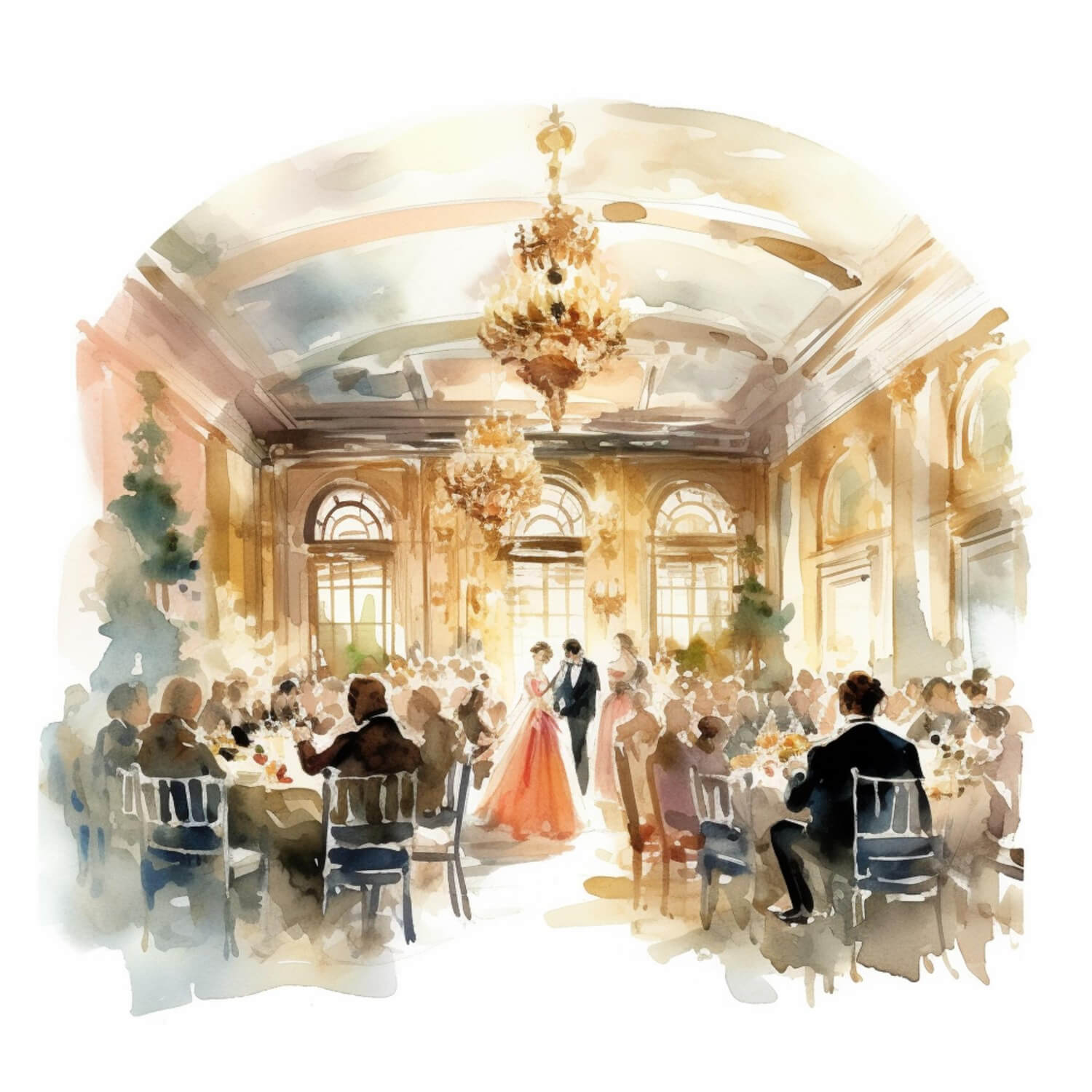 a painting of a wedding reception dinner in a big hall with many guests sitting on tables and eating