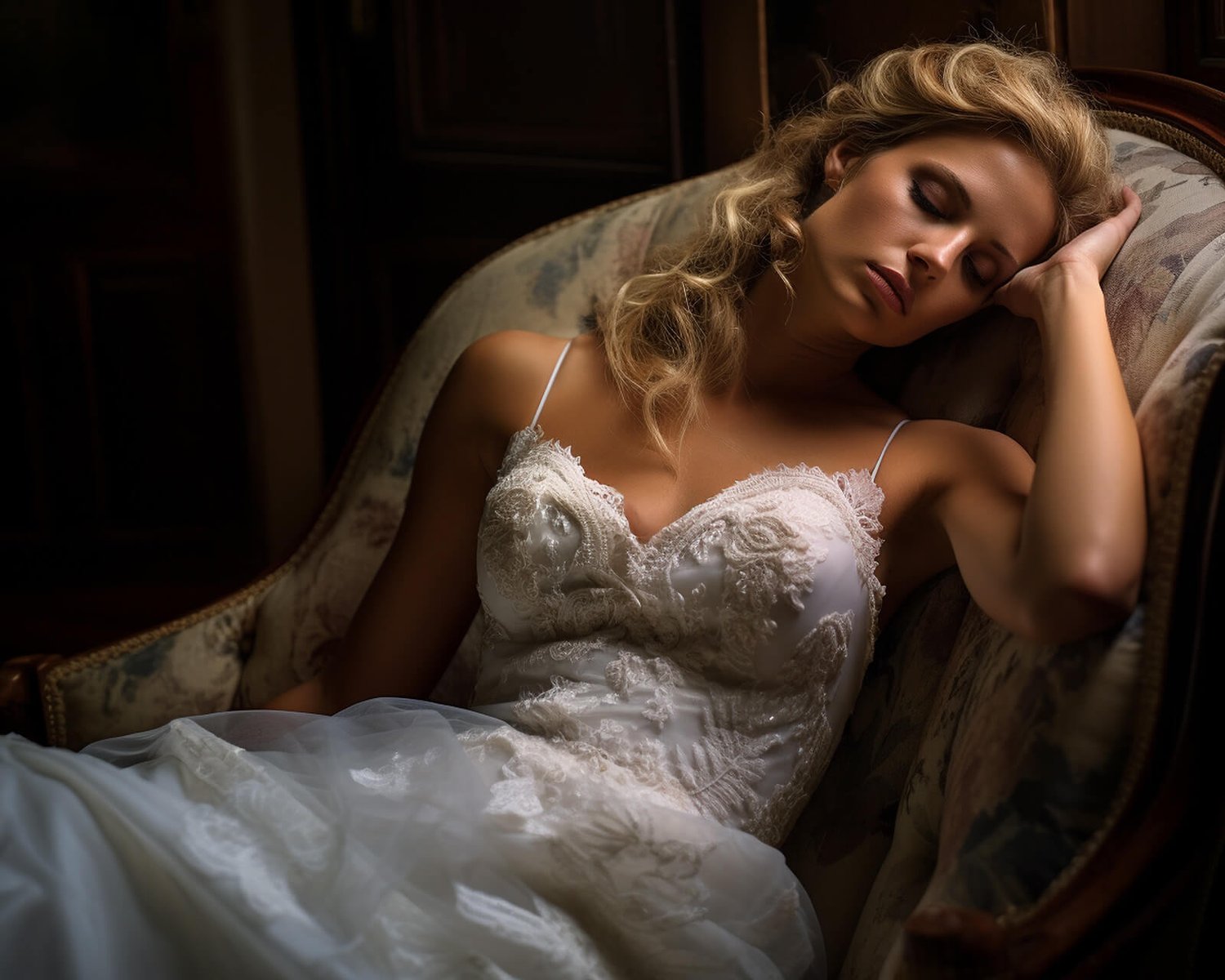 a bride is sitting on a chair falling asleep