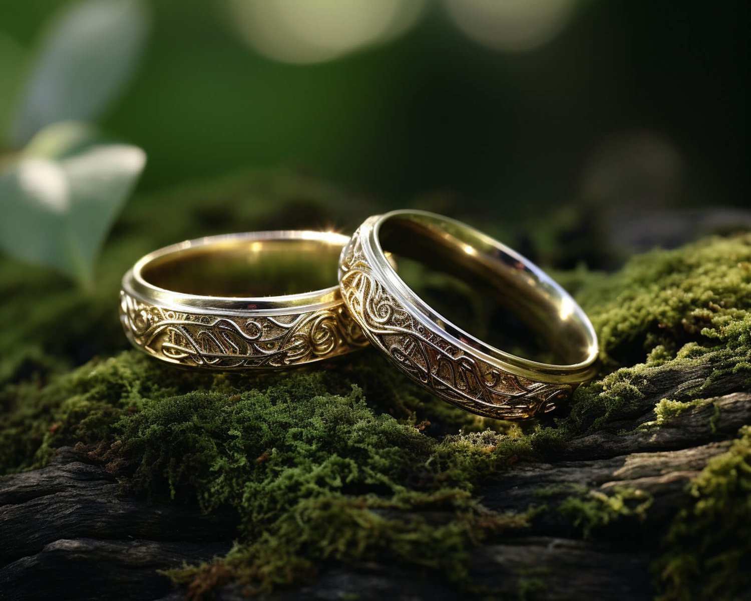 two inscribed rings on moss and wood in the forest