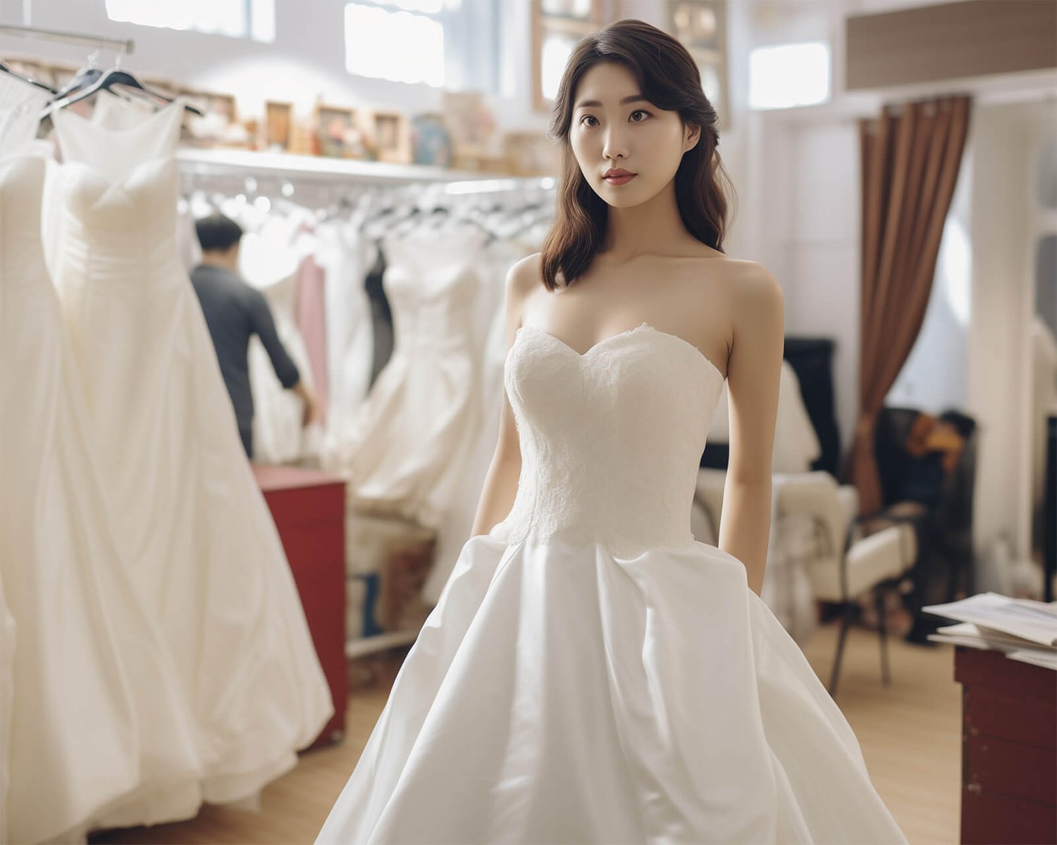 an asian woman is trying on a wedding dress and looking at herself in the mirror