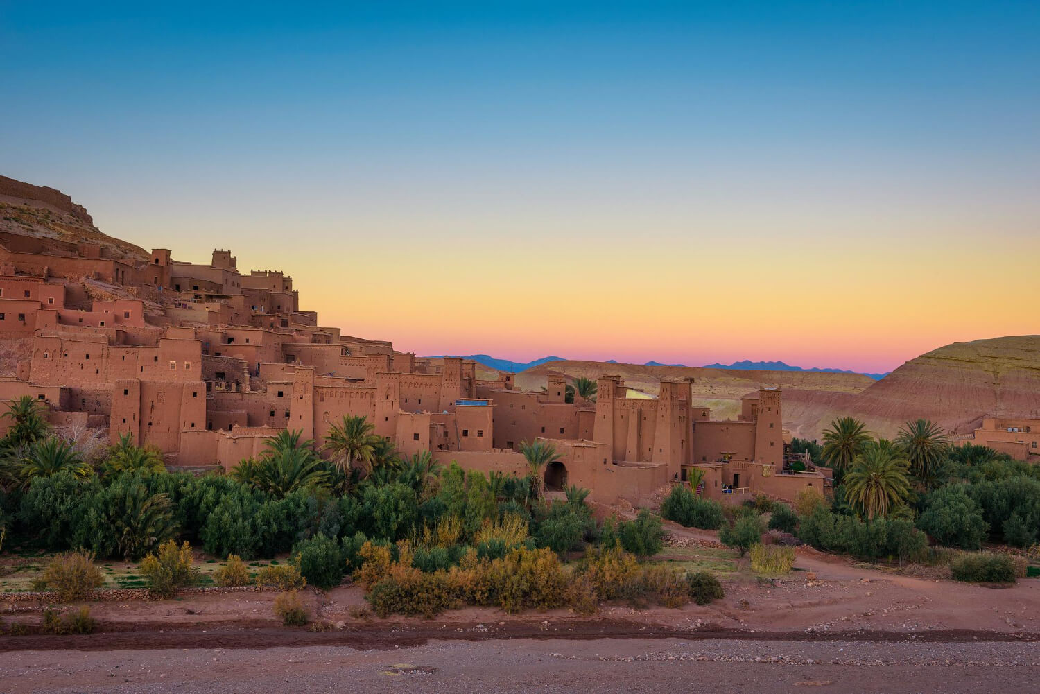 sunset behind ait benhaddou in morocco