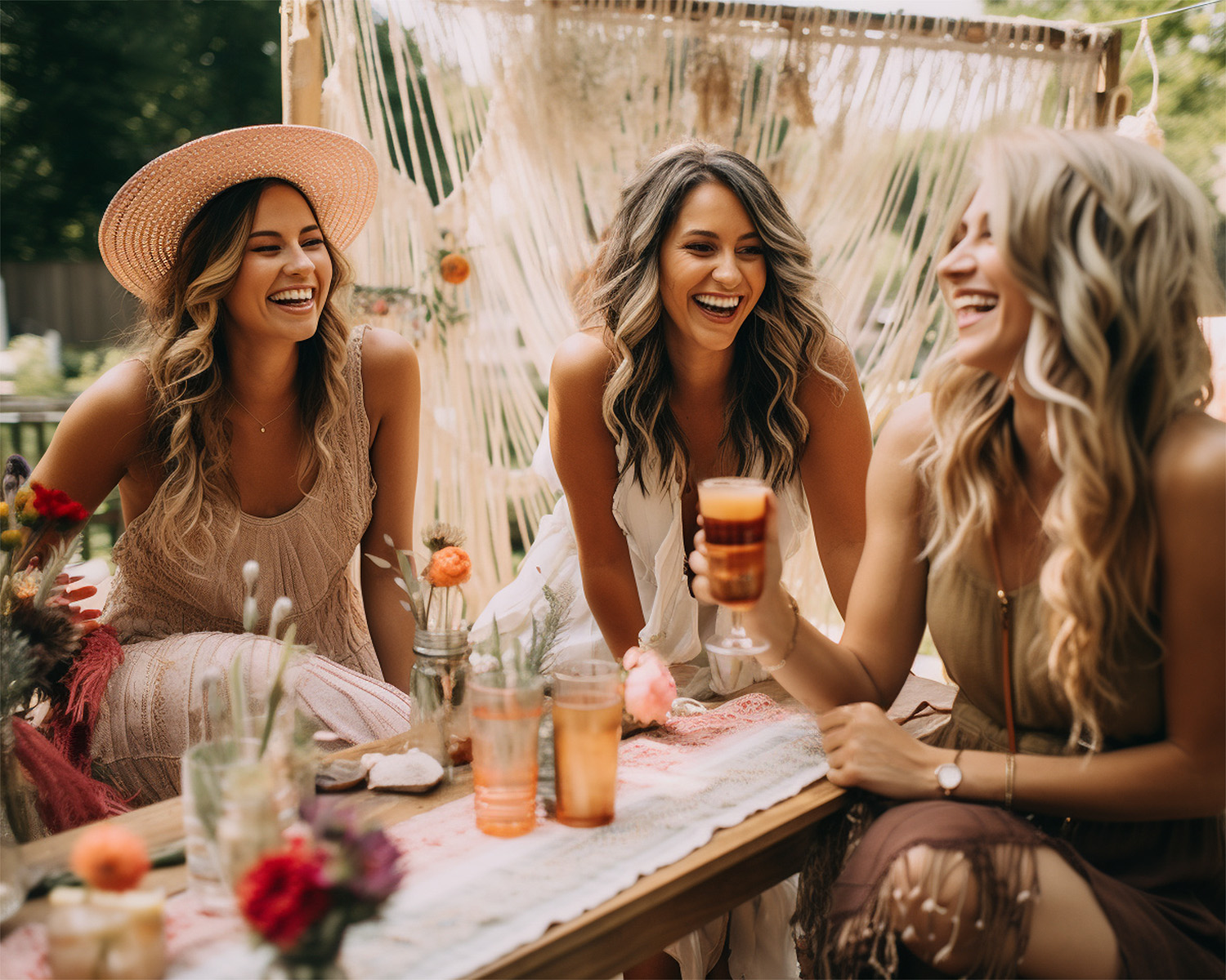 three women sitting at a table in the garden laughing and drinking