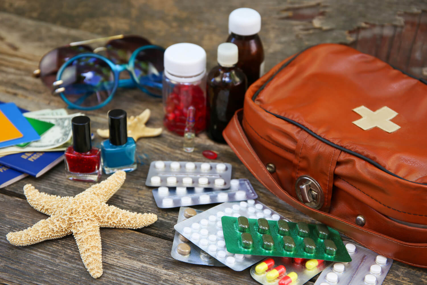 an emergency kit filled with medication pills and other helpful items