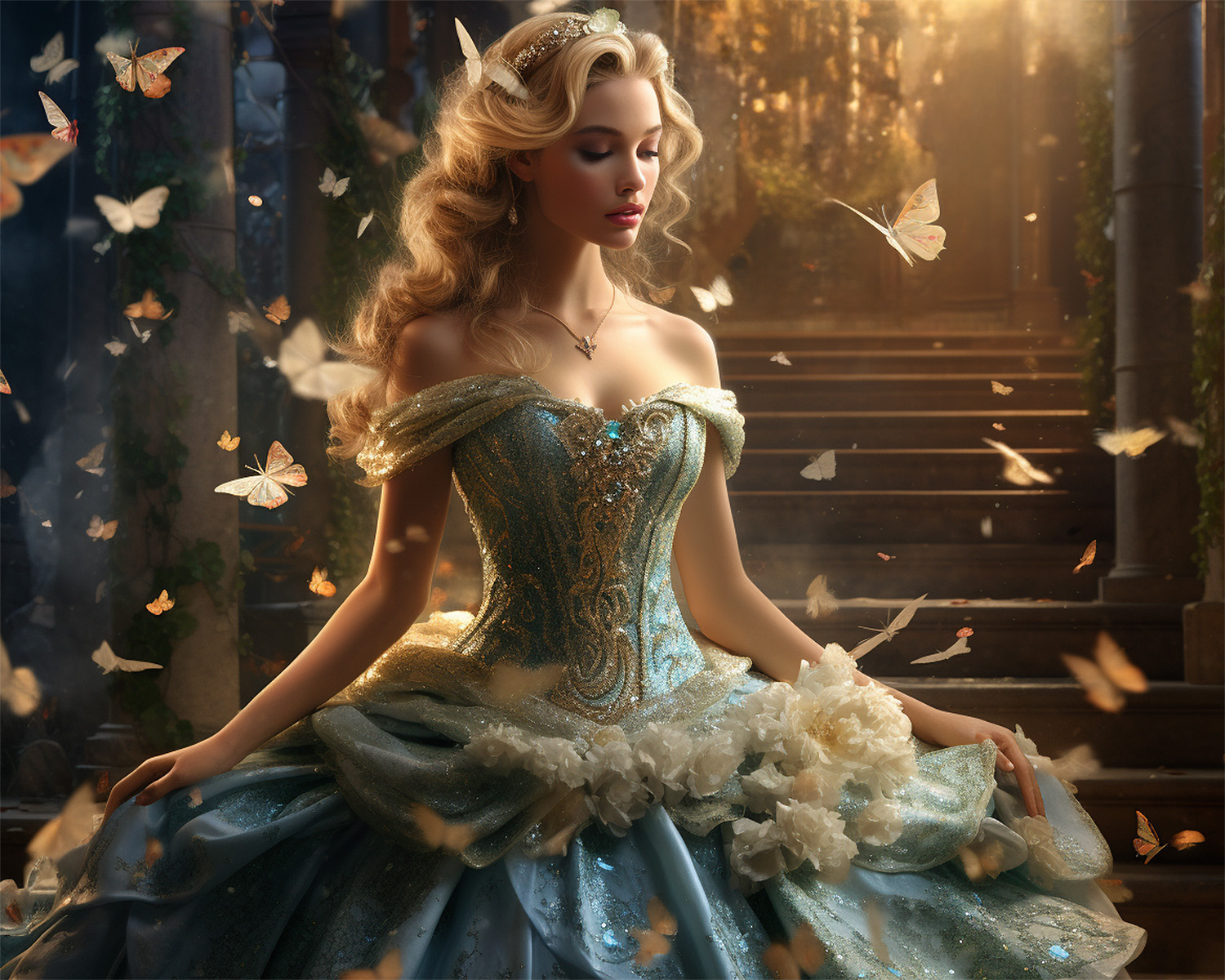 fairy tale princess walking through her castle sourrunded by butterflies