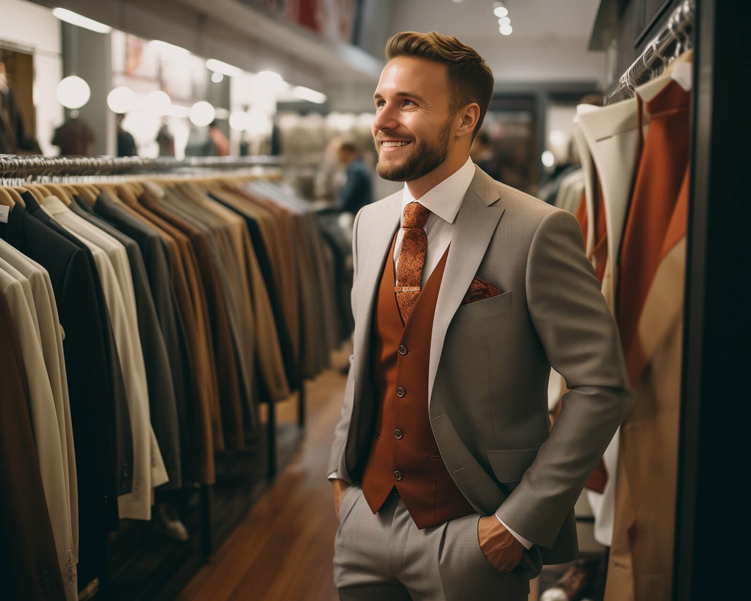 Smiling man in a gray suit with orange vest shopping in a luxury clothing store