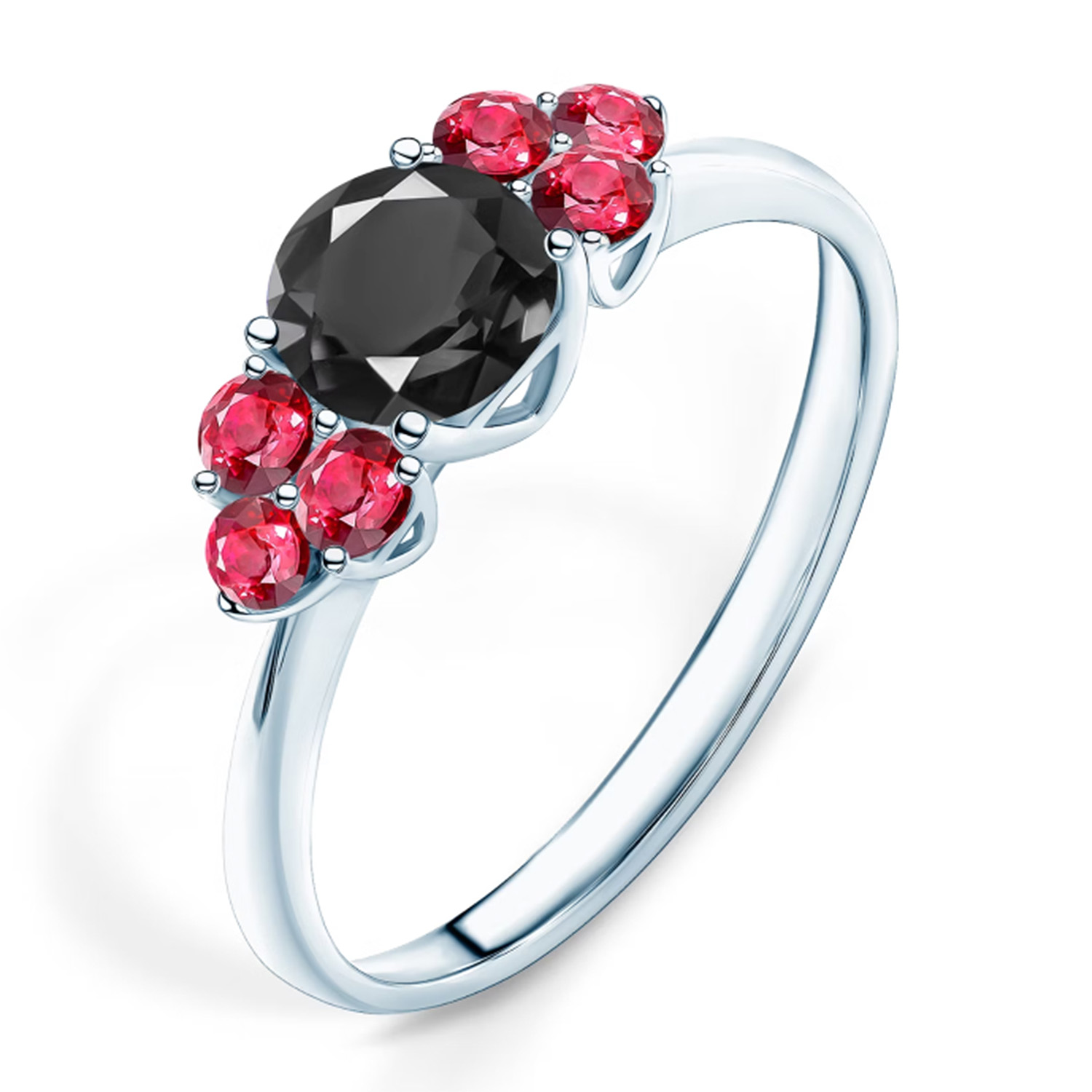 engagement ring with one large black stone and six small red stones