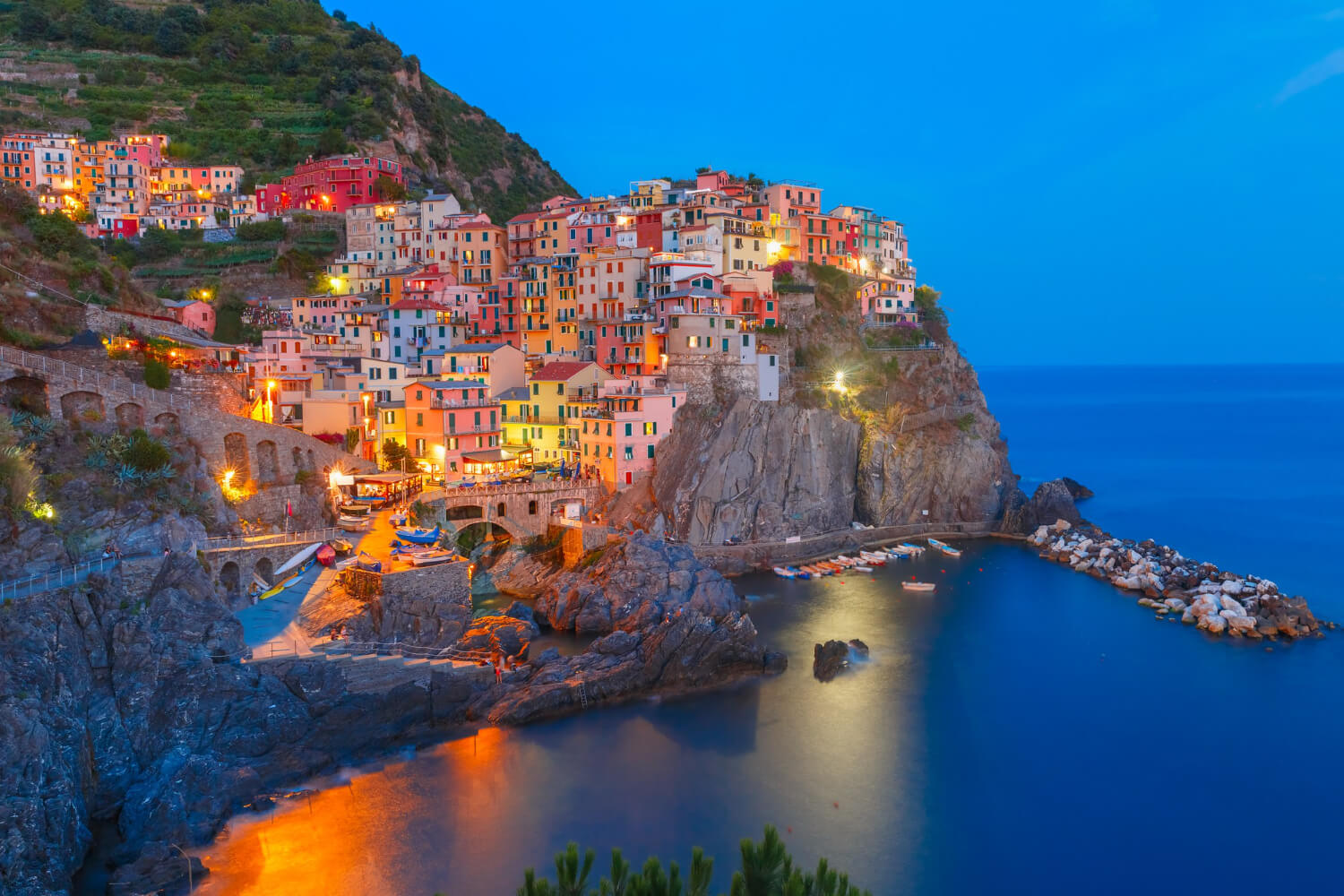 aerial night view of manarola fishing village in italy.