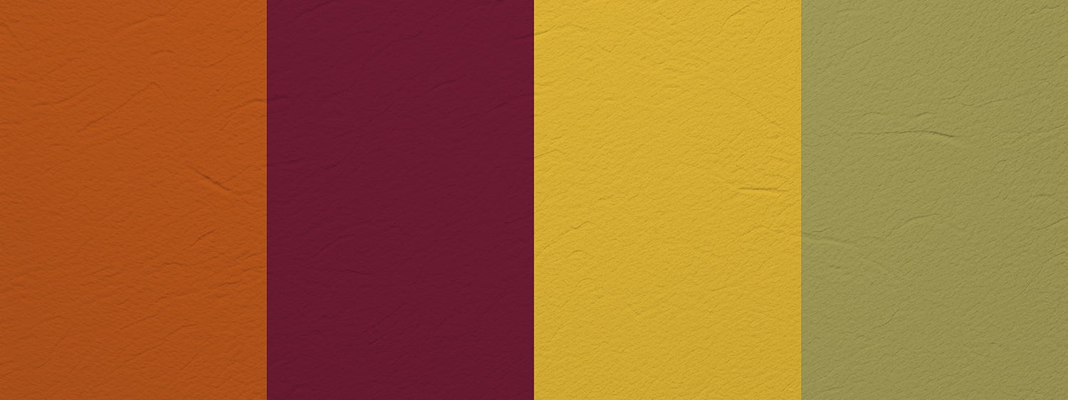color palette with rustic orange, deep burgundy, mustard yellow, and olive green