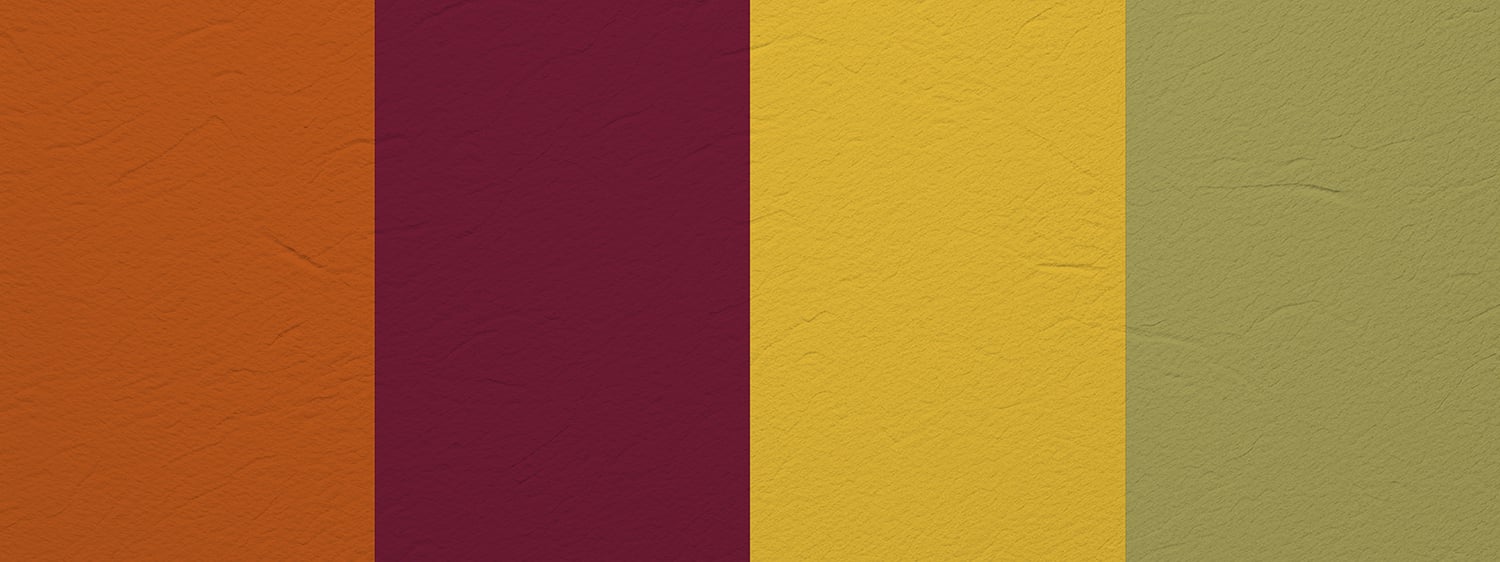 color palette with rustic orange, deep burgundy, mustard yellow, and olive green