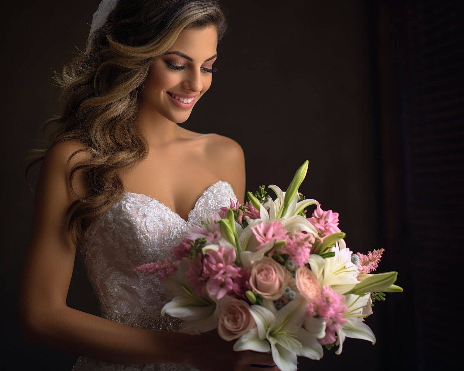 a smiling bride is holding a flower bouquet