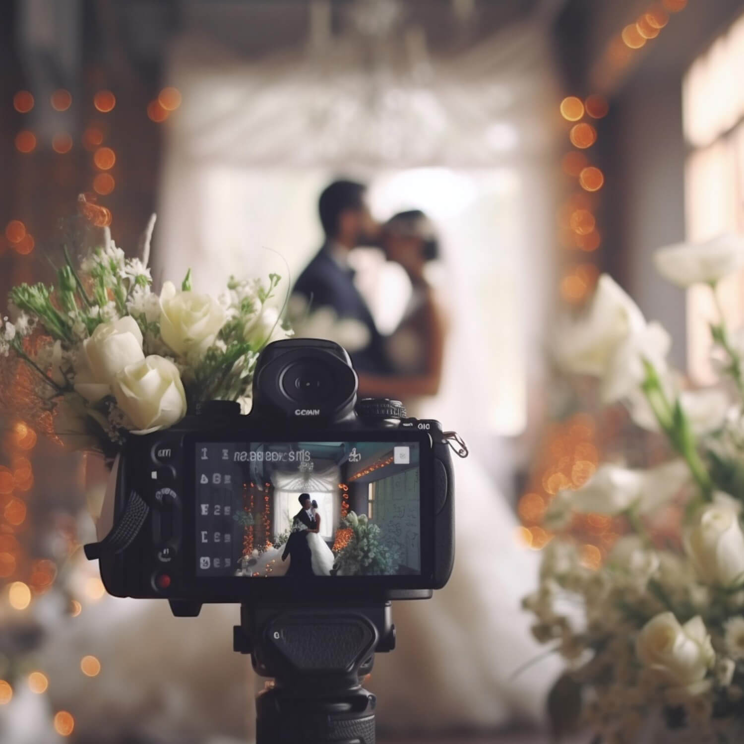 the wedding ceremony is filmed with a camera on a tripod