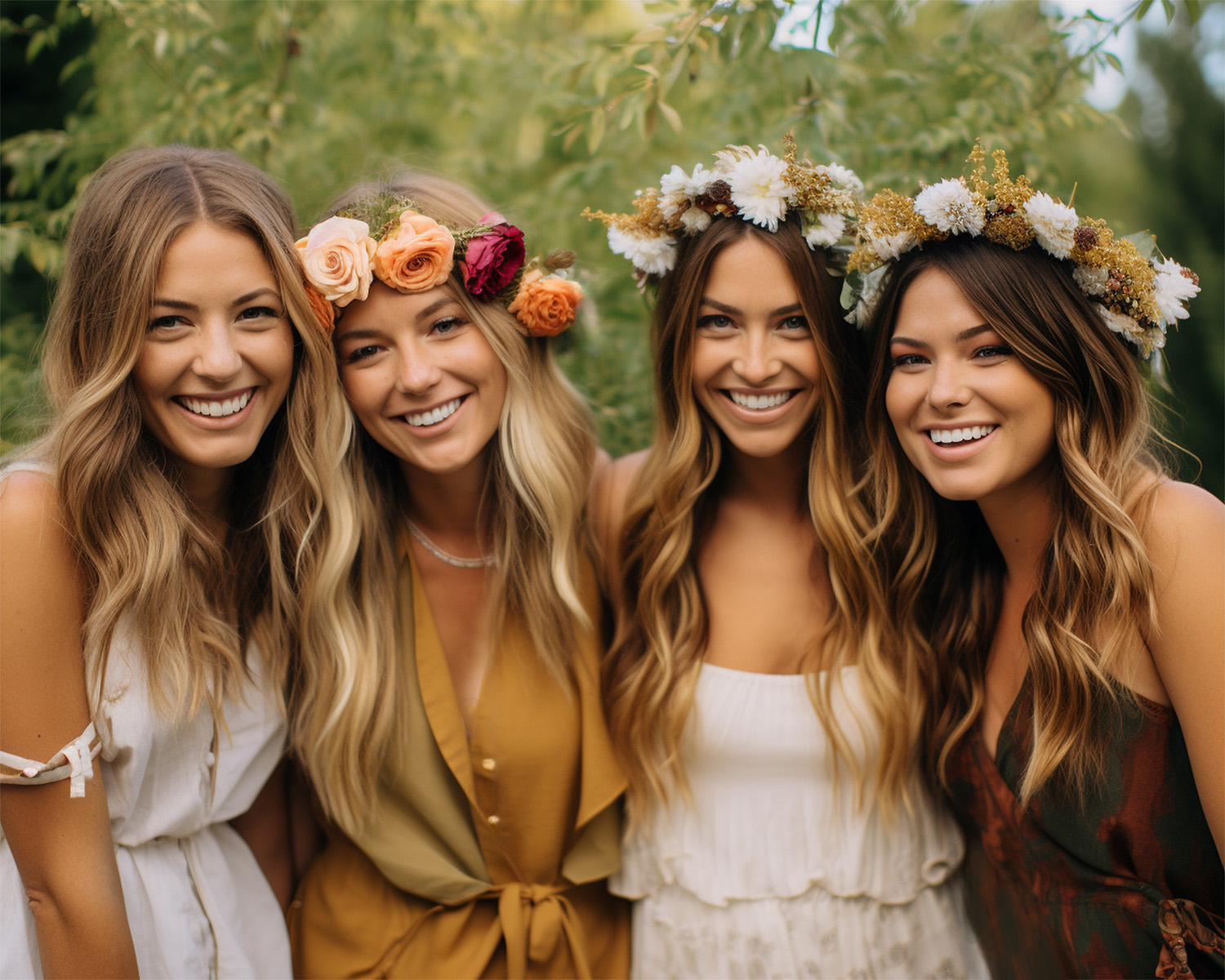 4 women standing together with flower crowns on their head