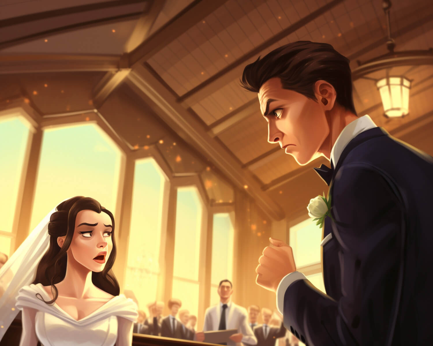 illustration of a bride and a groom are angry during a wedding ceremony