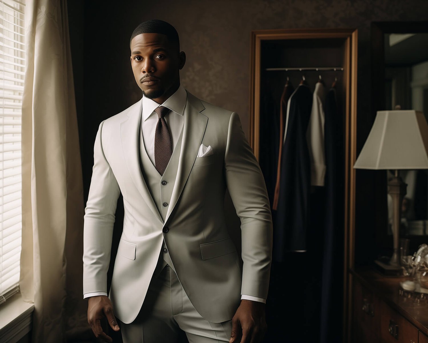 Elegant black man wearing a sophisticated white suit with a grey waistcoat and tie standing near a window in a classy dressing room.