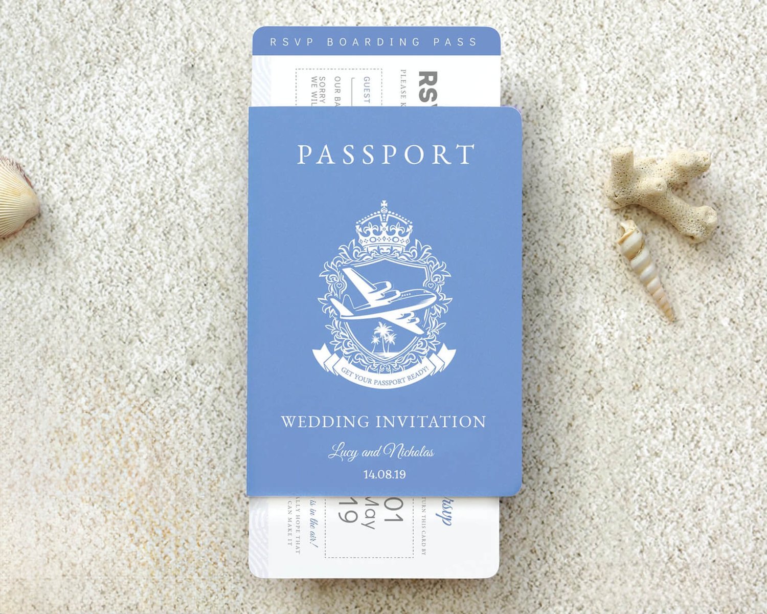 a passport themed wedding invitation with a blue color scheme