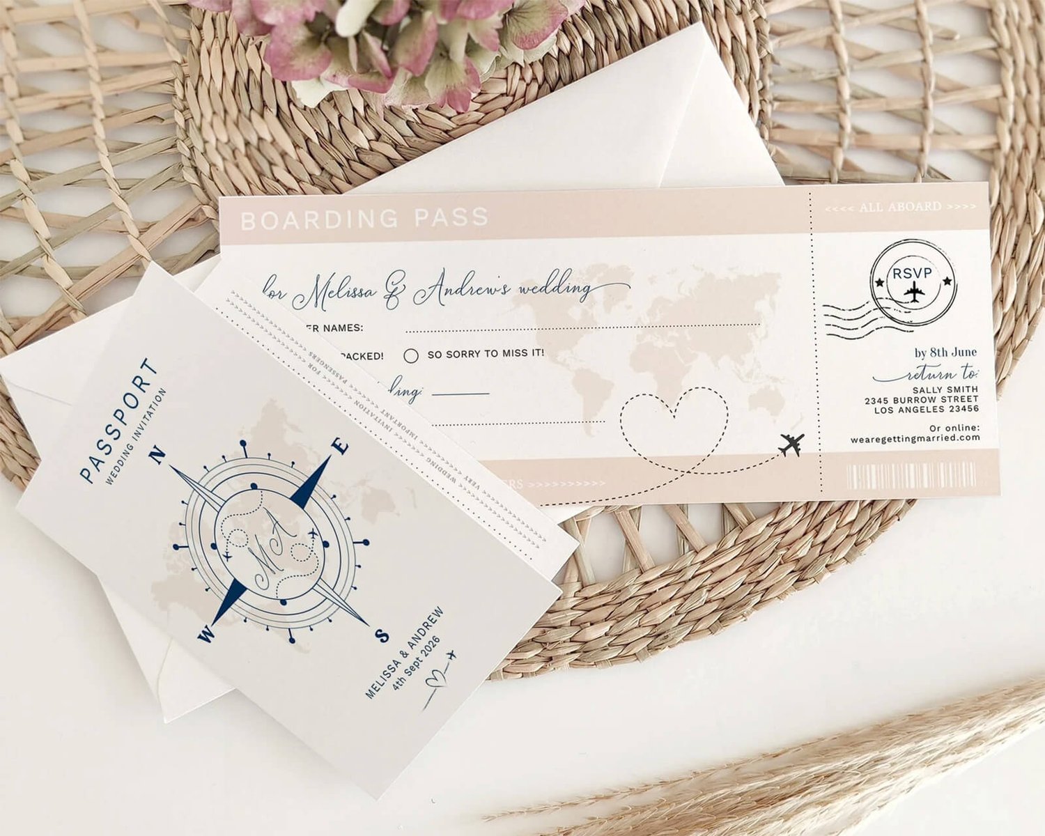 a passport themed wedding invitation with a RSVP card that looks like a boarding pass