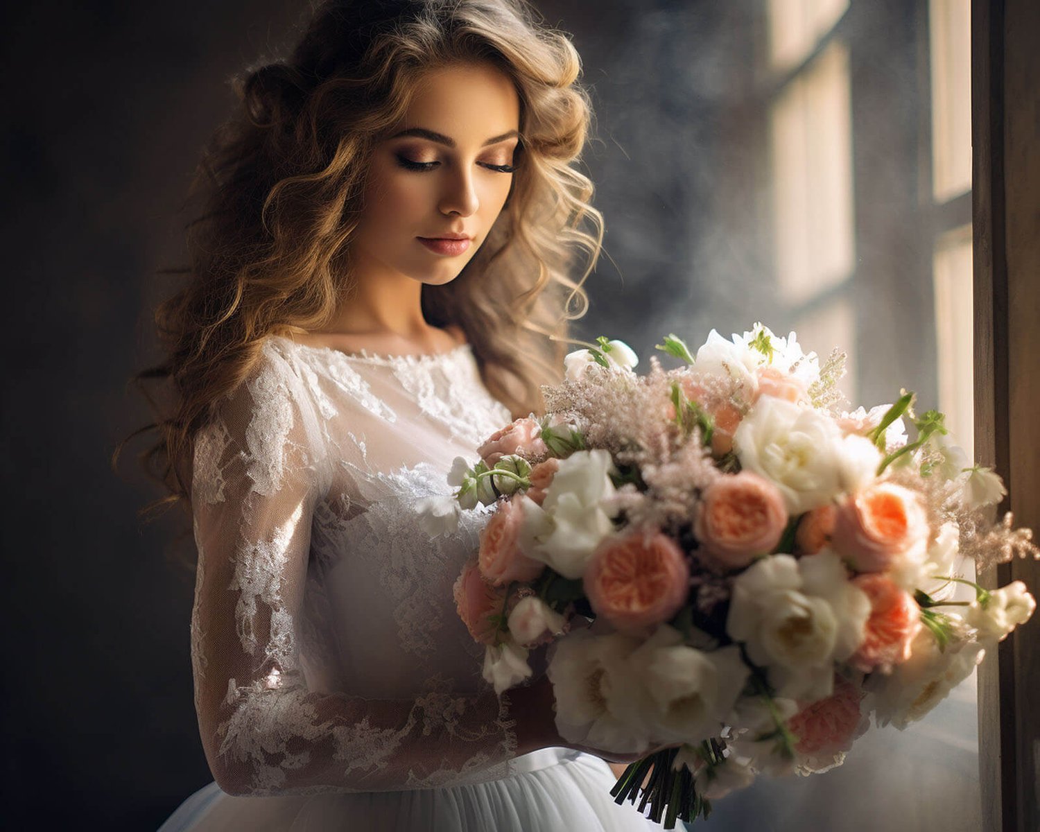 a bride wearing a white dress with brown hair is holding a flower bouquet for her wedding