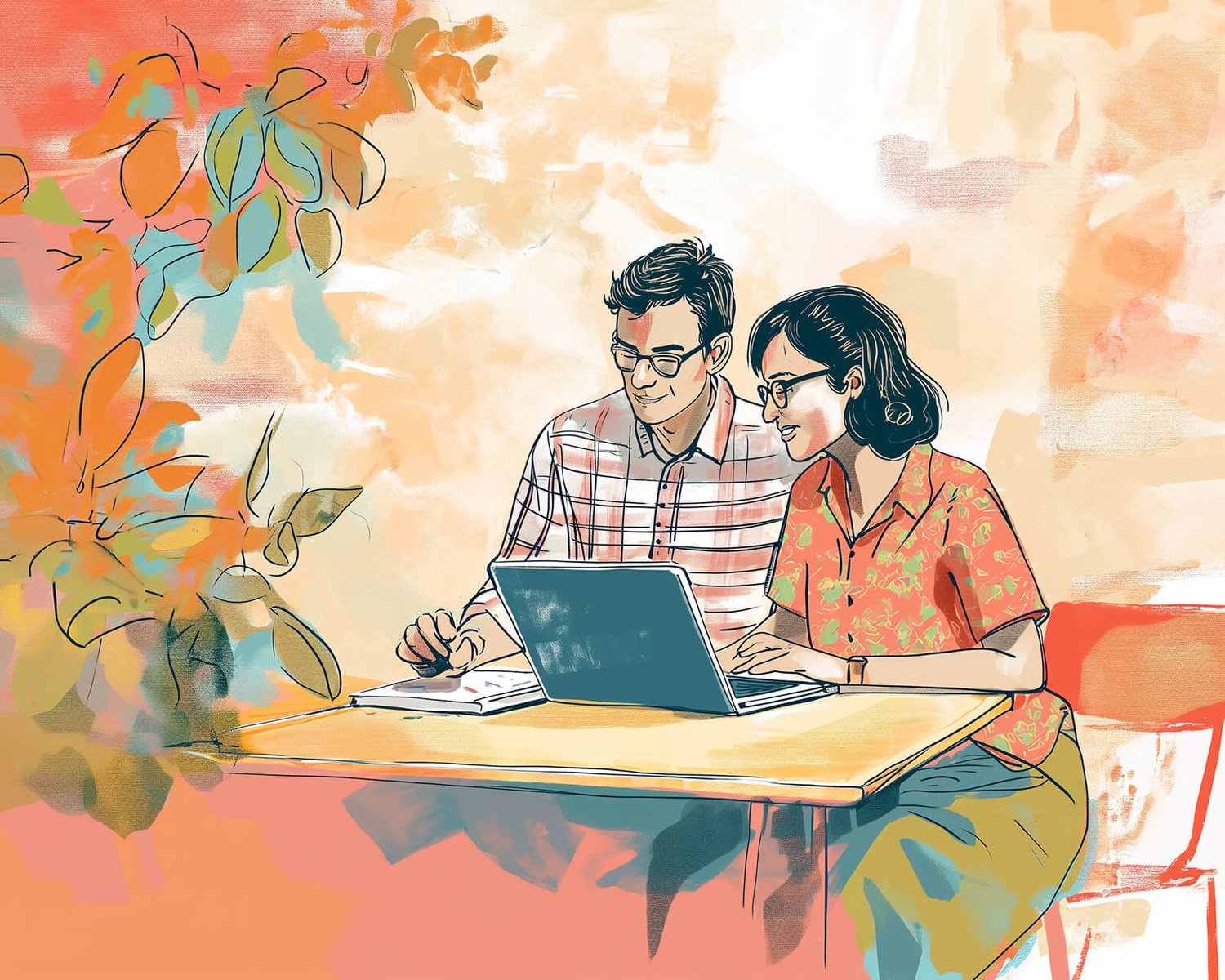 illustration featuring a diverse couple seated at a desk, intently focused on a laptop screen while discussing plans