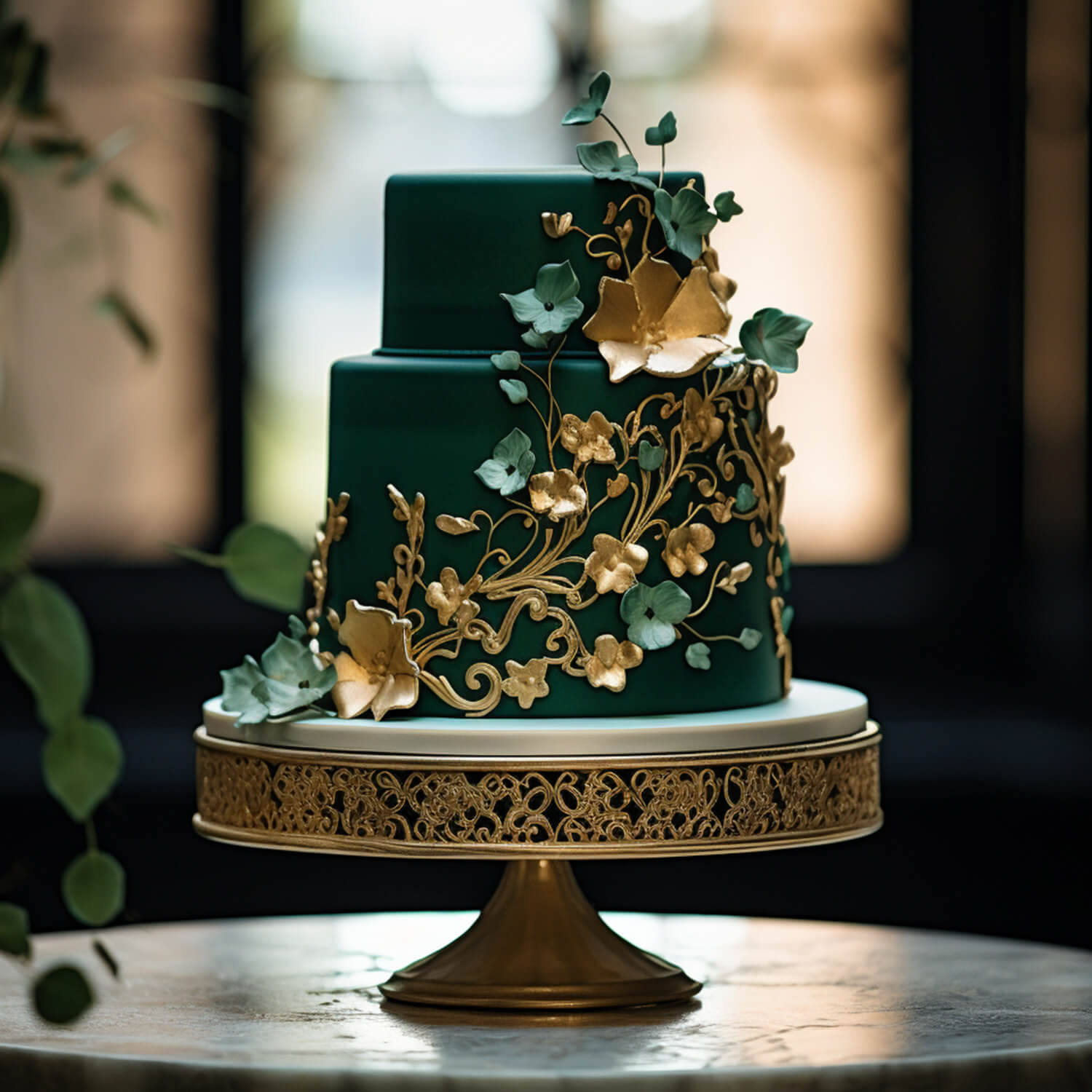 wedding cake with a green and gold color scheme