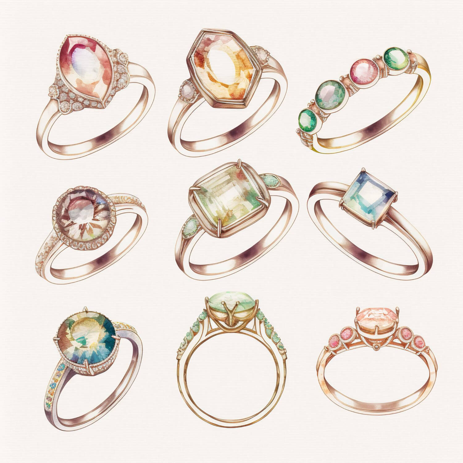 illustration of a collection of fairy tale engagement rings